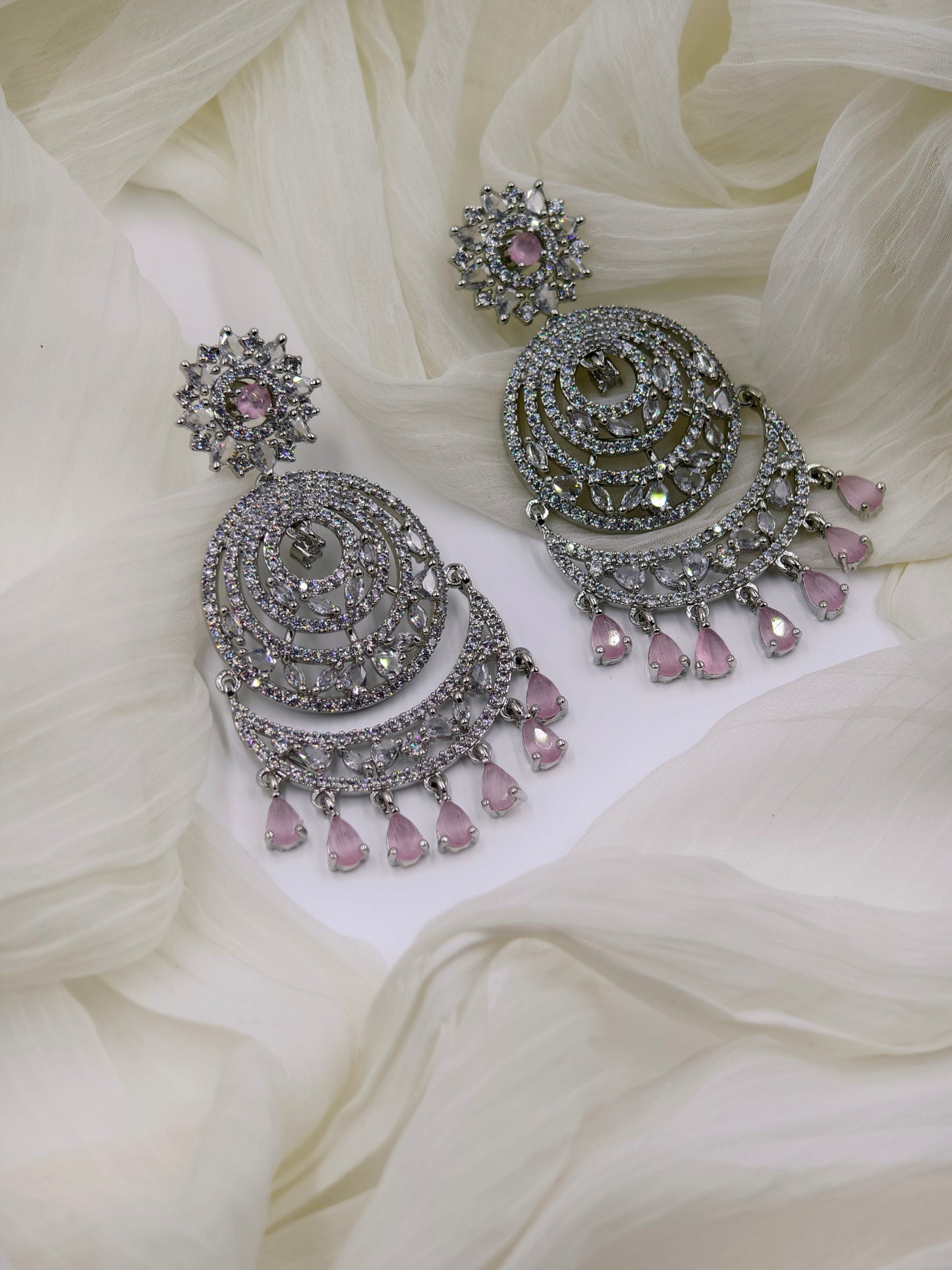 Pastel Pink and White Stone American Diamond Earrings