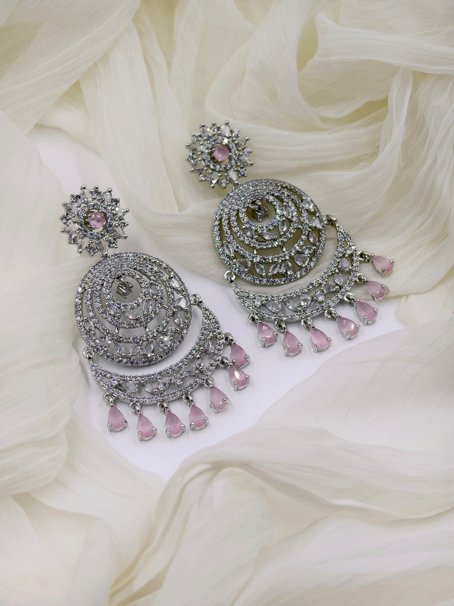 Pastel Pink and White Stone American Diamond Earrings