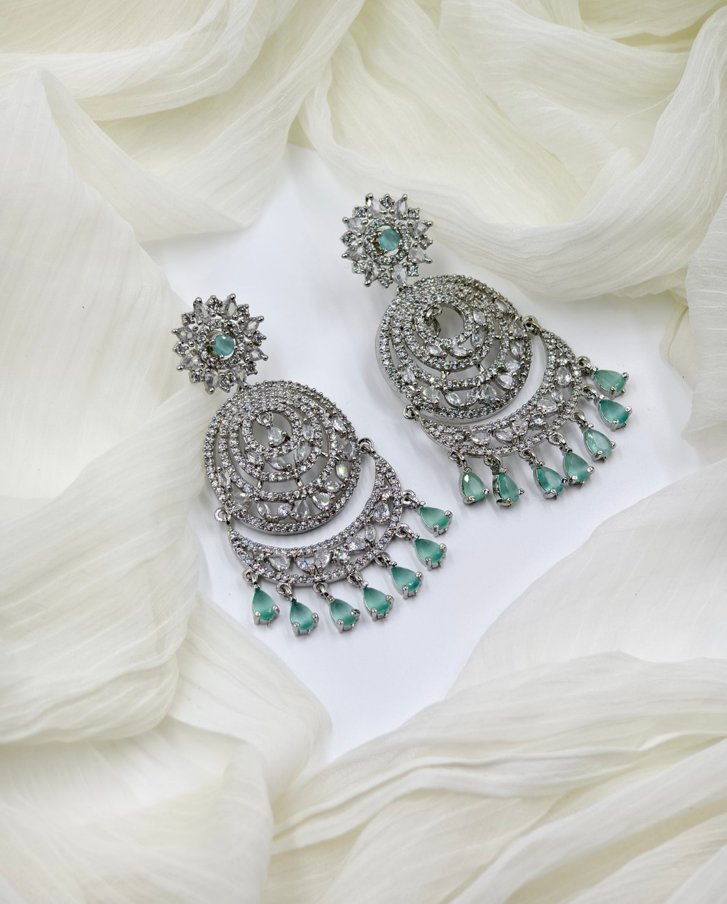 Pastel Green and White Stone American Diamond Earrings