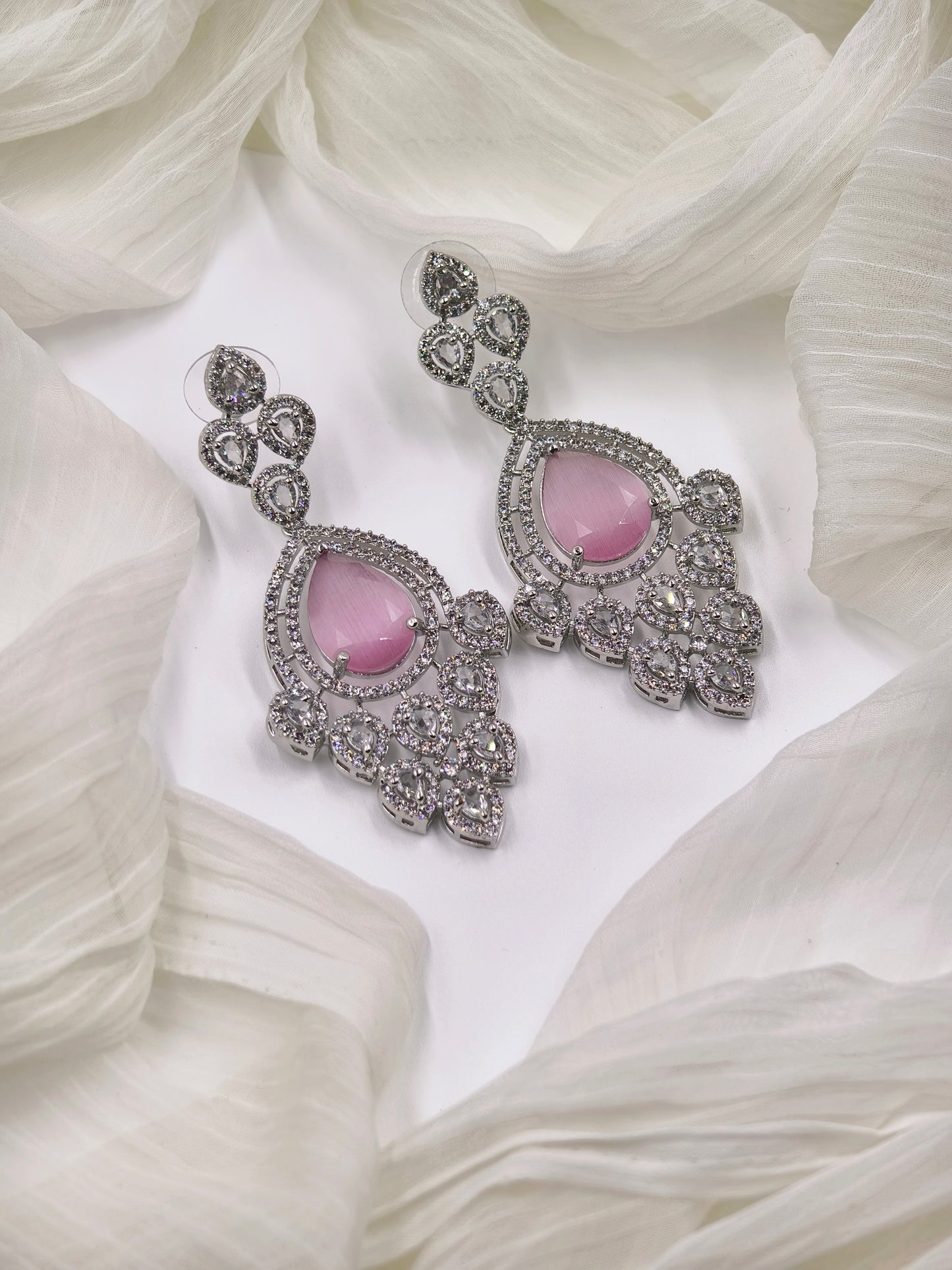 Pastel Pink and White Stone American Diamond Earrings