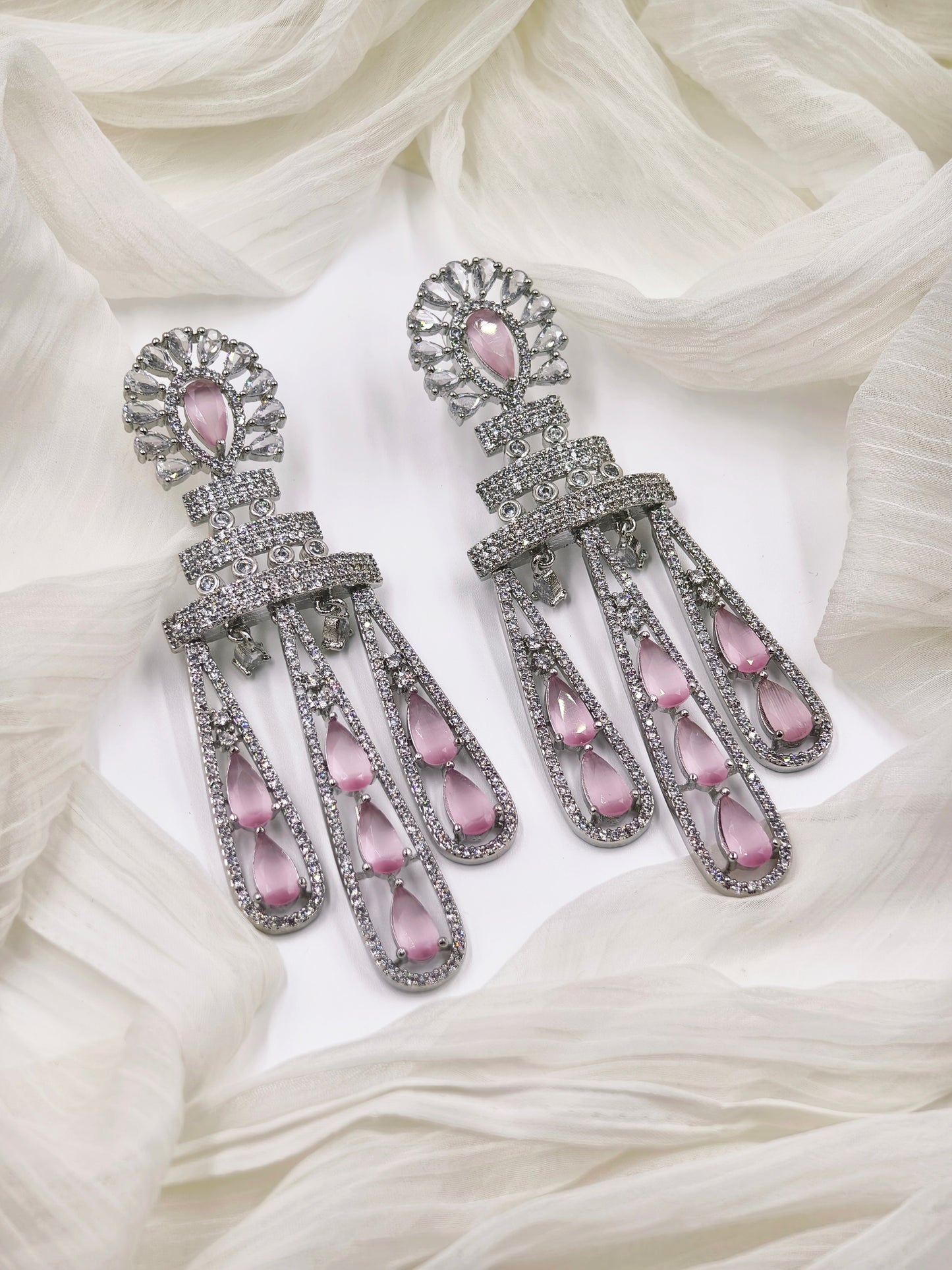 Pastel Pink and White Stone American Diamond Earrings