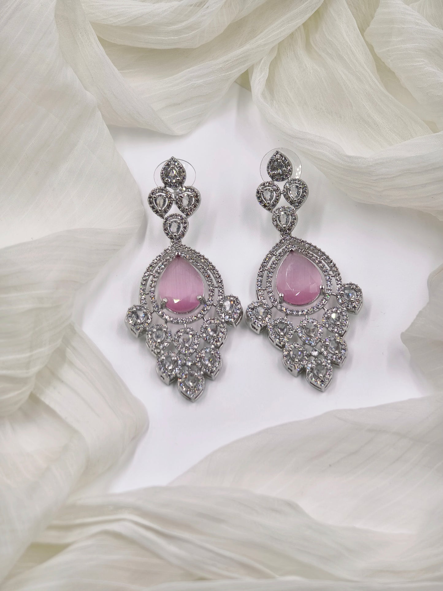 Pastel Pink and White Stone American Diamond Earrings