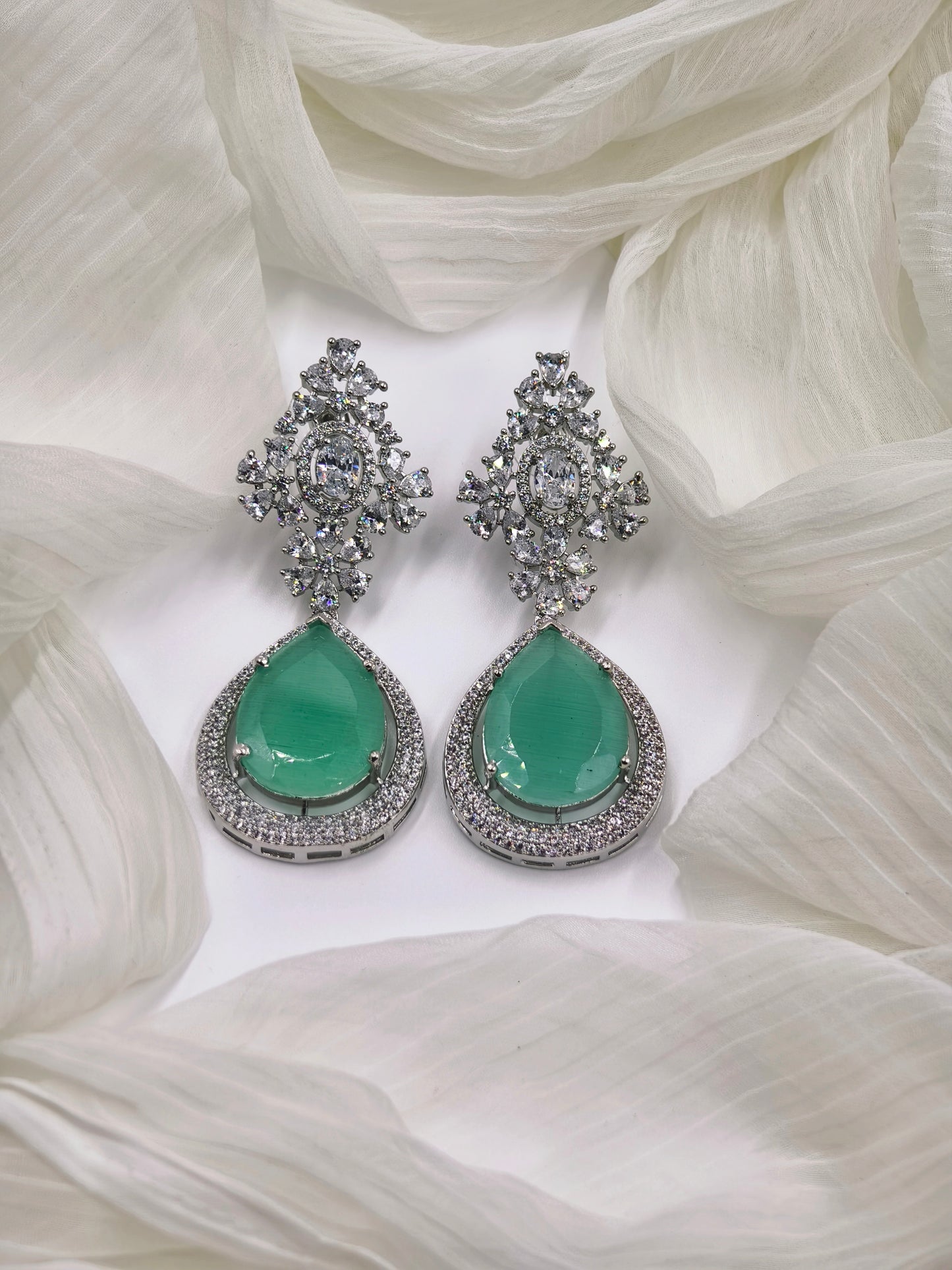 Pastel Green and White Stone American Diamond Earrings