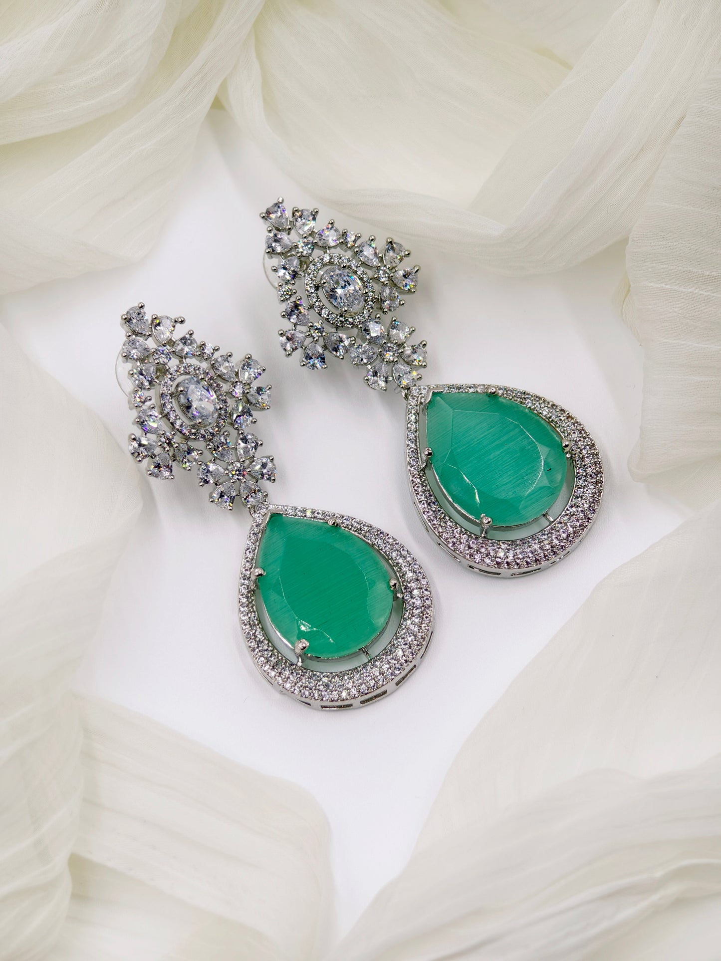Pastel Green and White Stone American Diamond Earrings