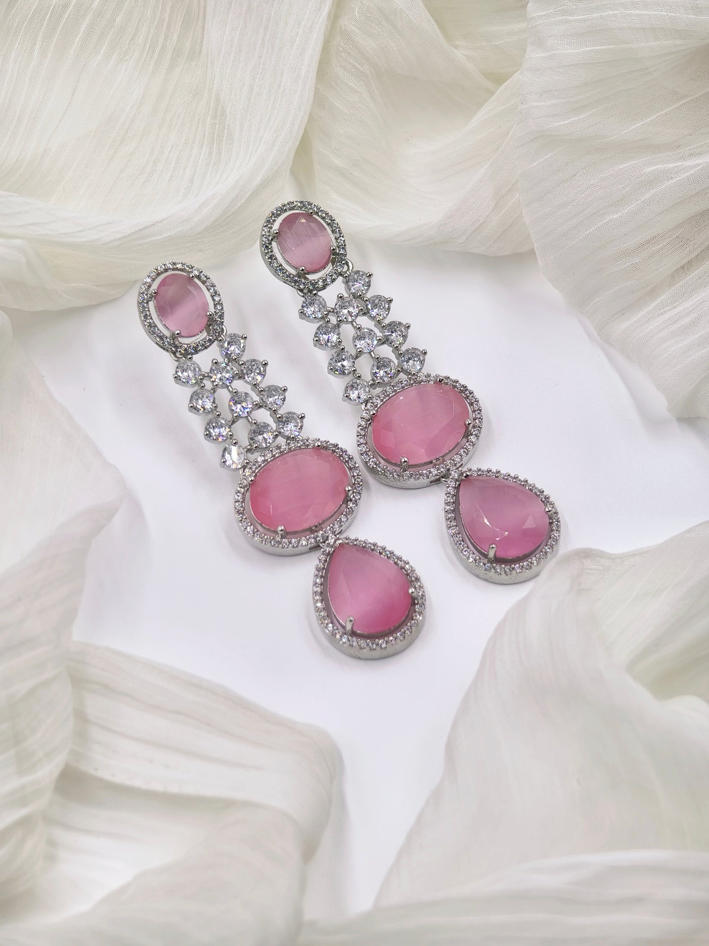 Pastel Pink and White Stone American Diamond Earrings