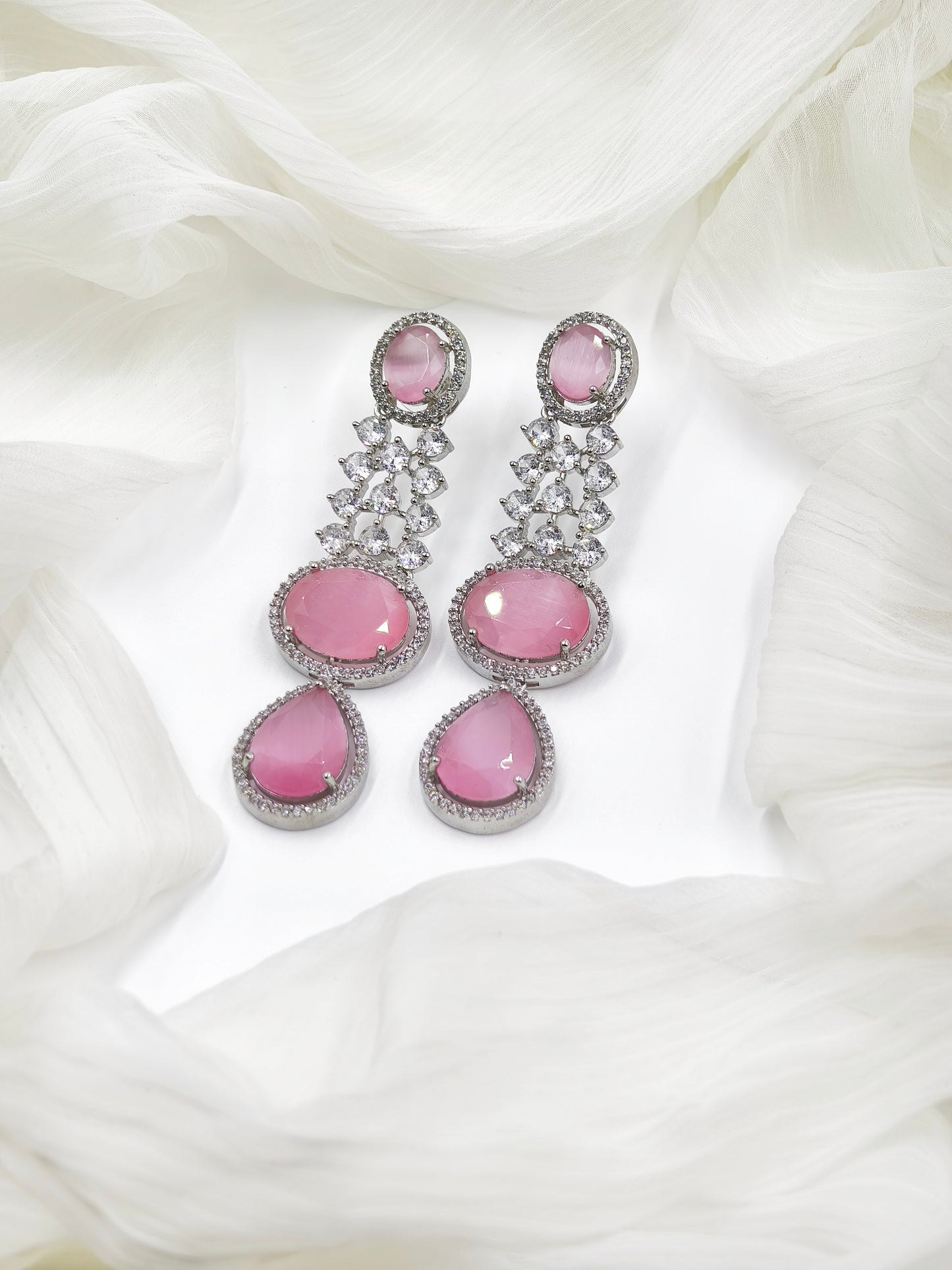 Pastel Pink and White Stone American Diamond Earrings