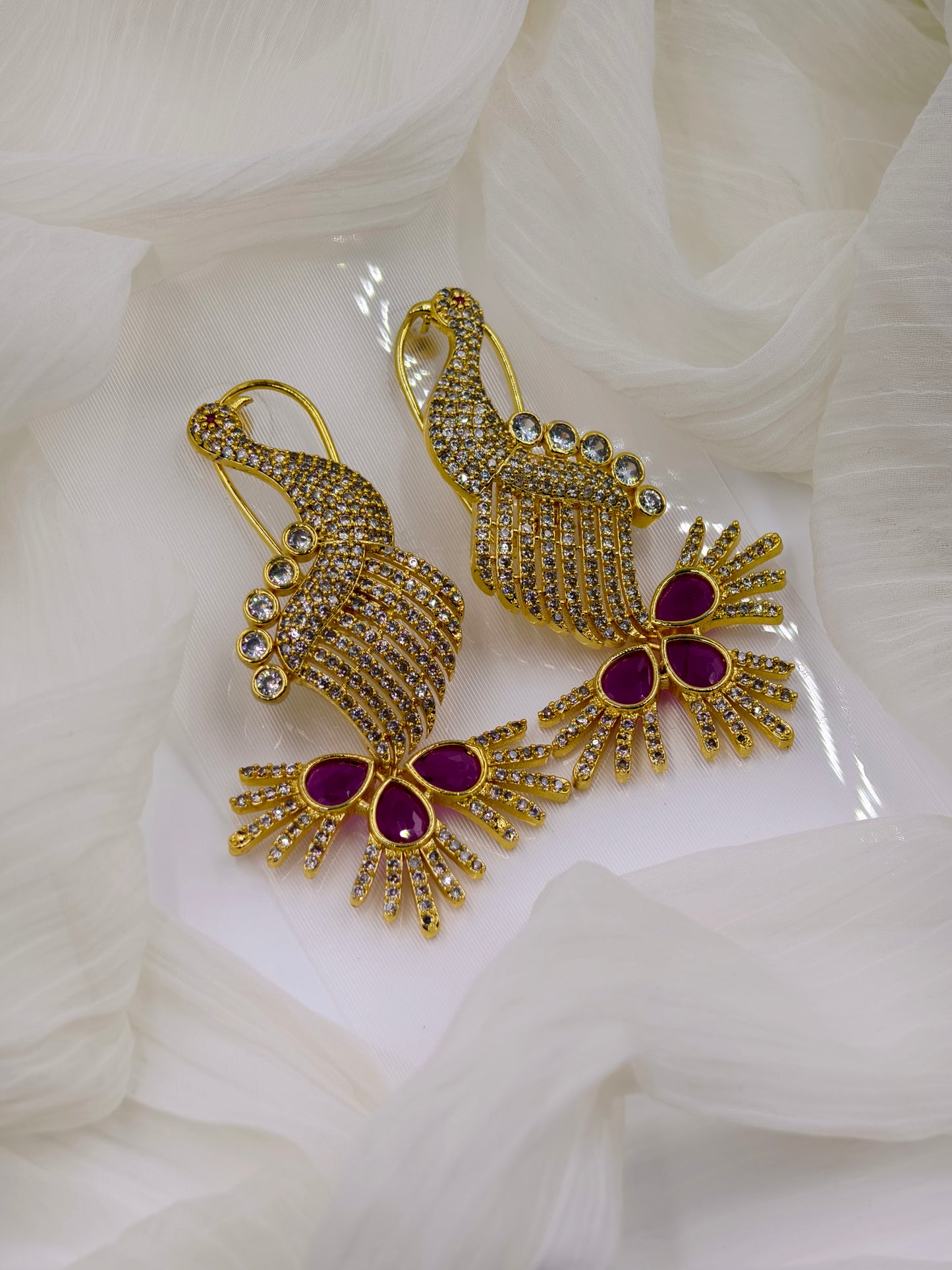 Rani Pink and White Stone Gold Plated American Diamond Earrings