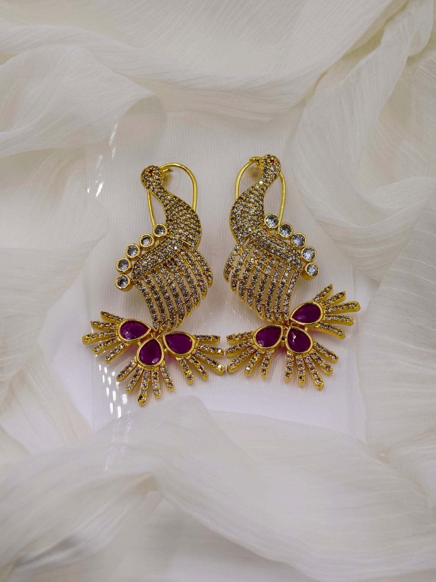 Rani Pink and White Stone Gold Plated American Diamond Earrings
