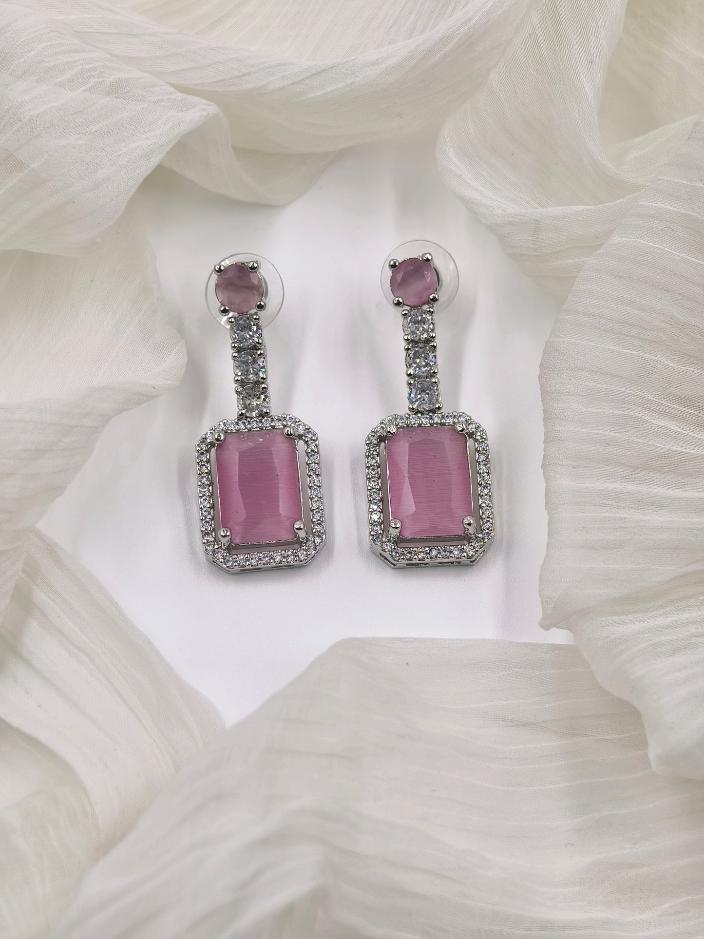 Pastel Pink and White Stone American Diamond Earrings