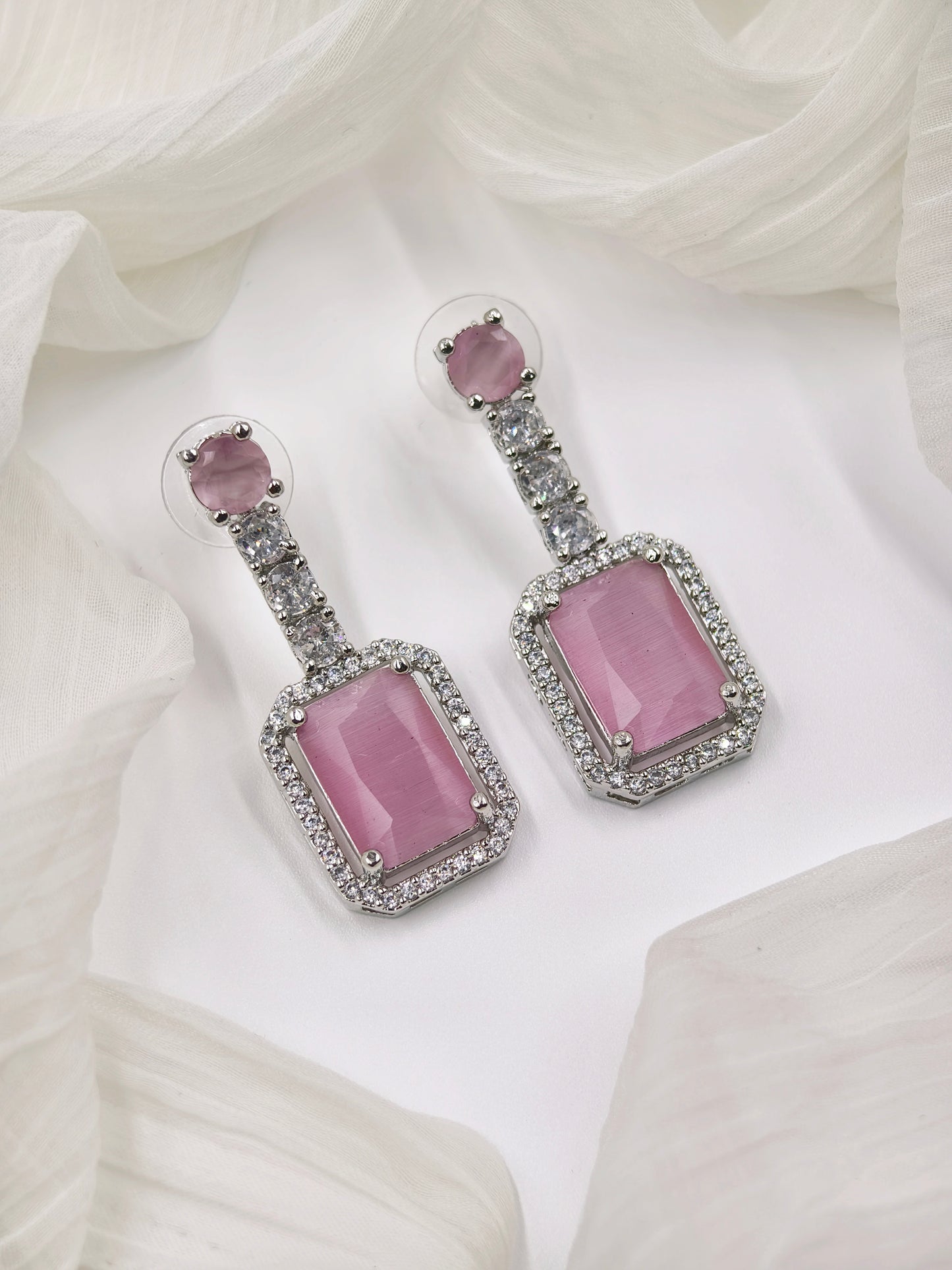 Pastel Pink and White Stone American Diamond Earrings