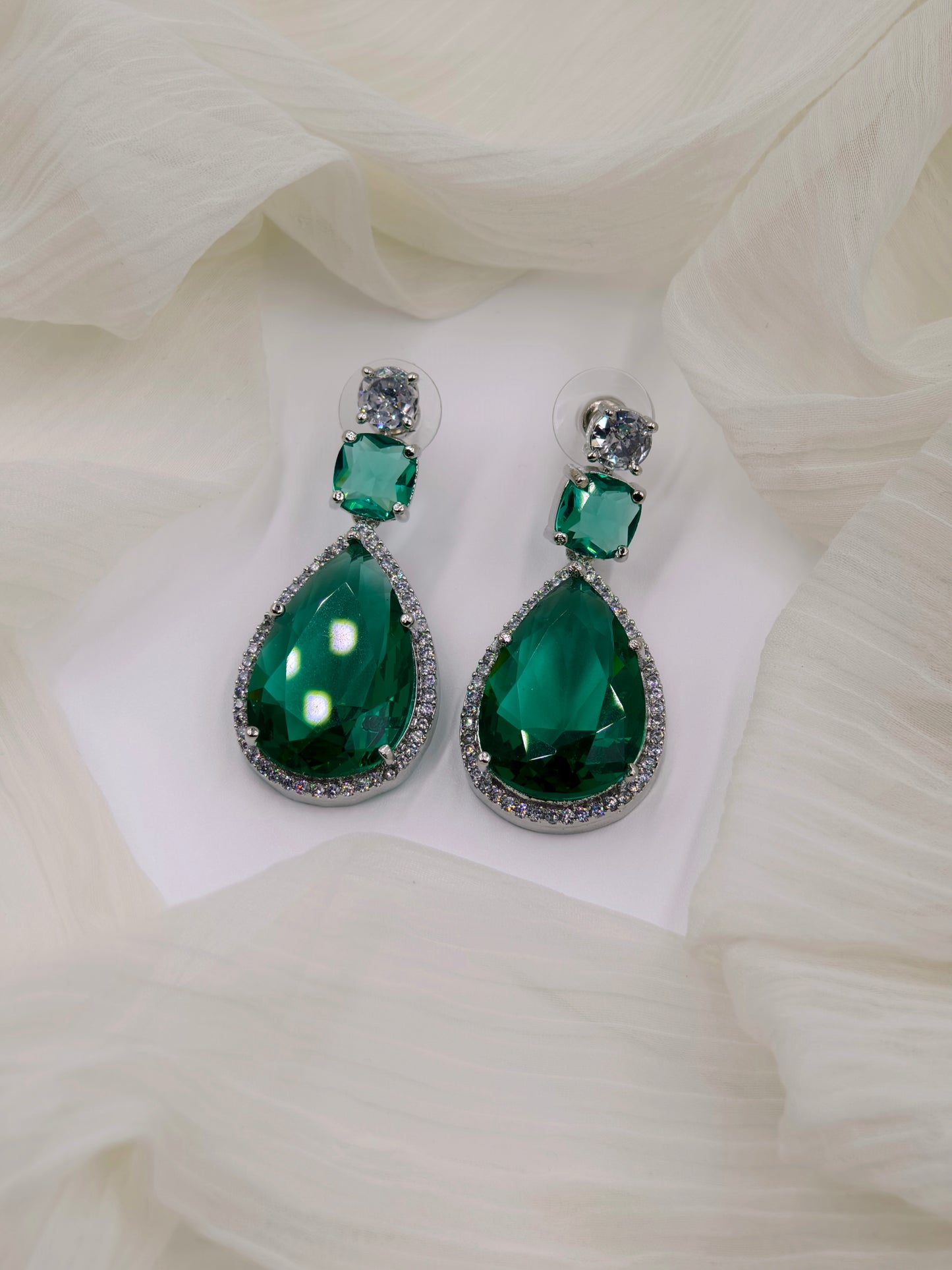 Green and White Stone American Diamond Earrings