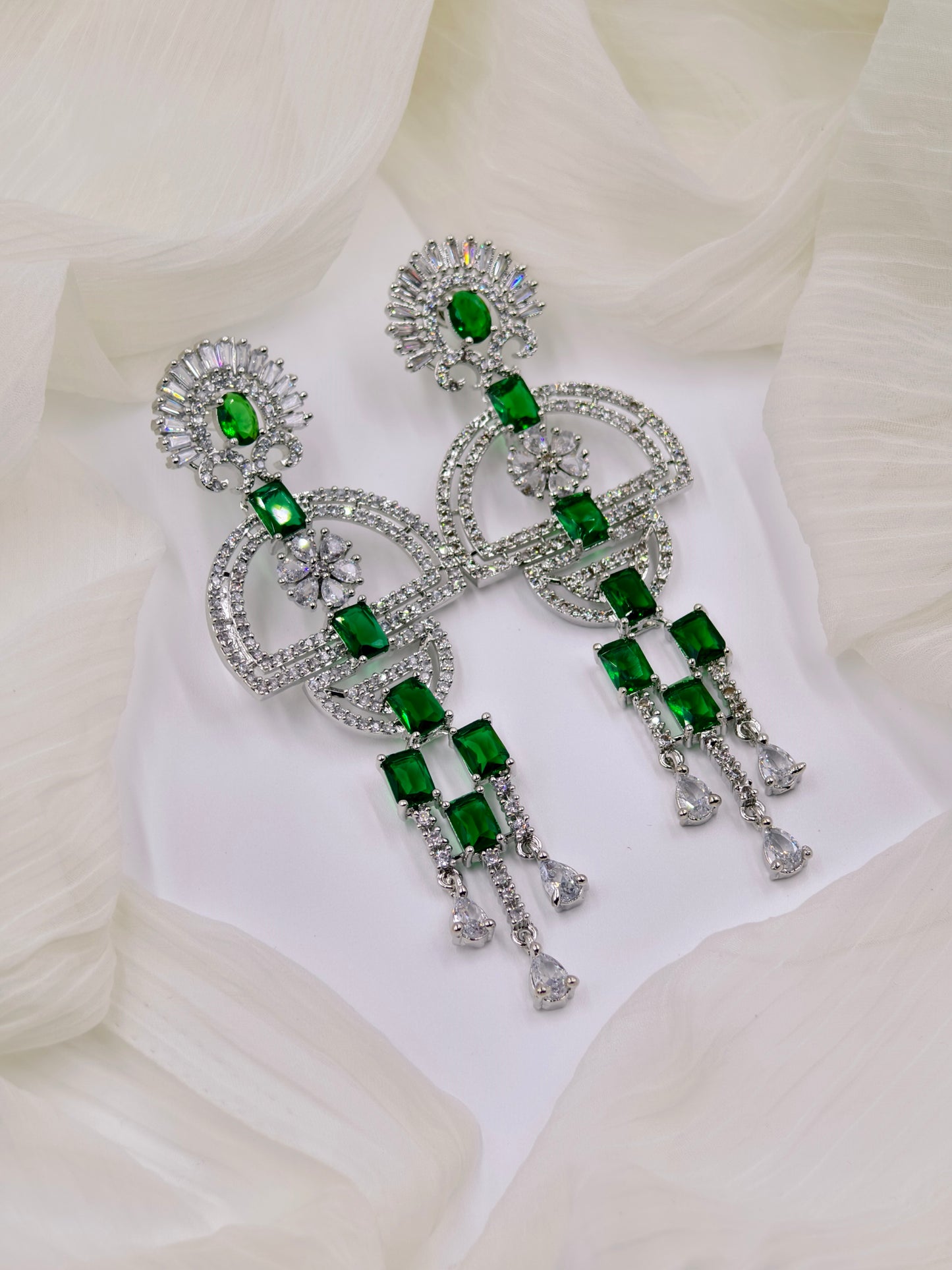 Green and White Stone American Diamond Earrings