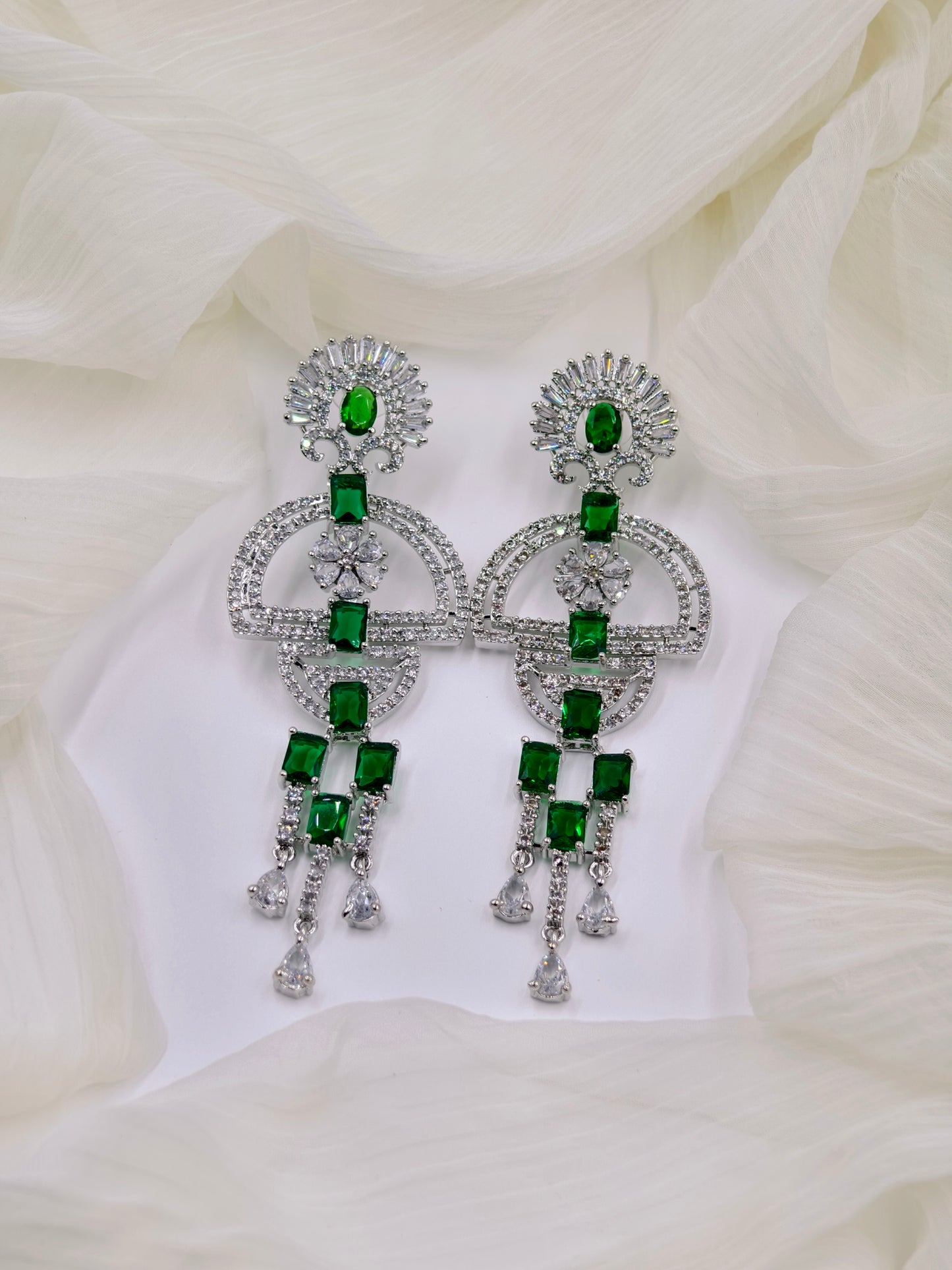 Green and White Stone American Diamond Earrings