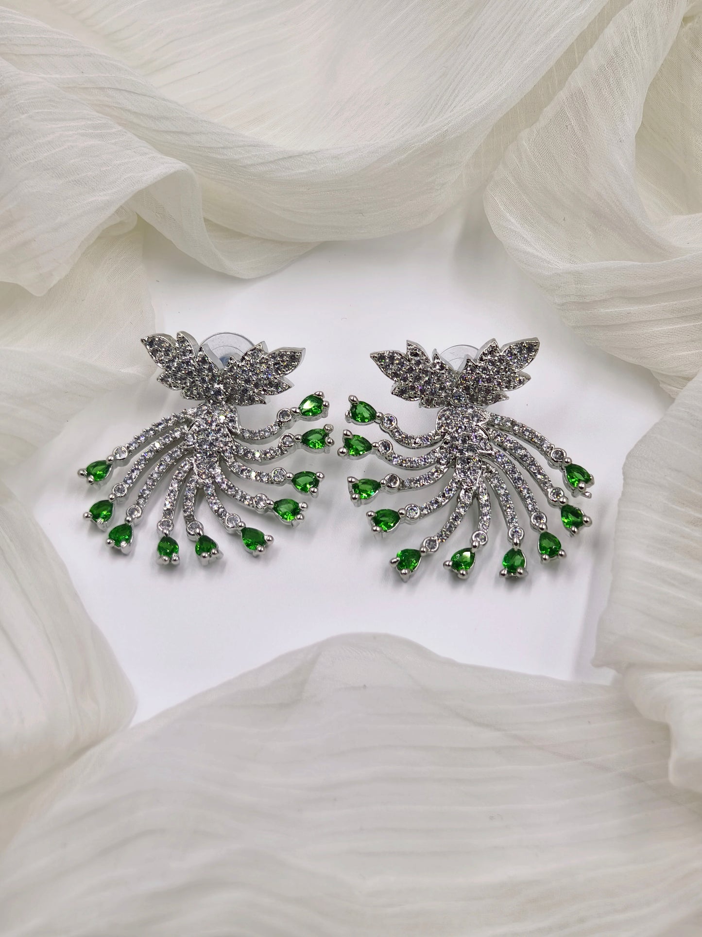 Green and White Stone American Diamond Earrings