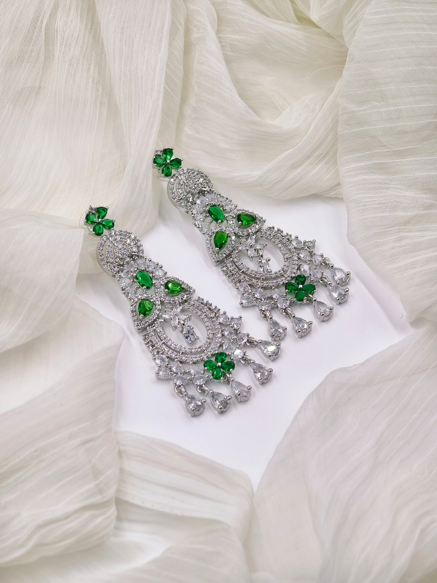 Green and White Stone American Diamond Earrings