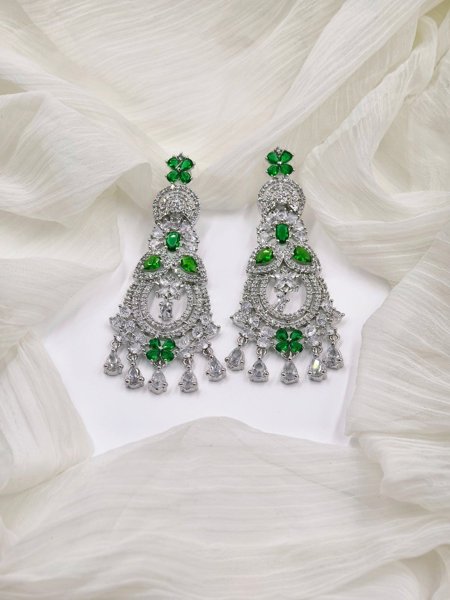 Green and White Stone American Diamond Earrings