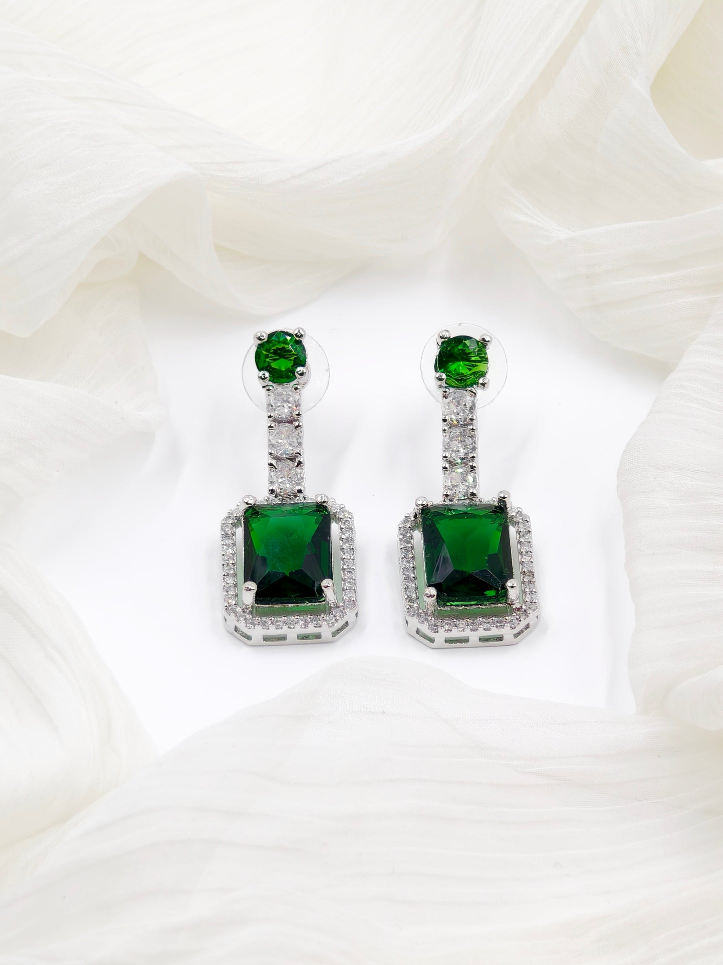 Green and White Stone American Diamond Earrings