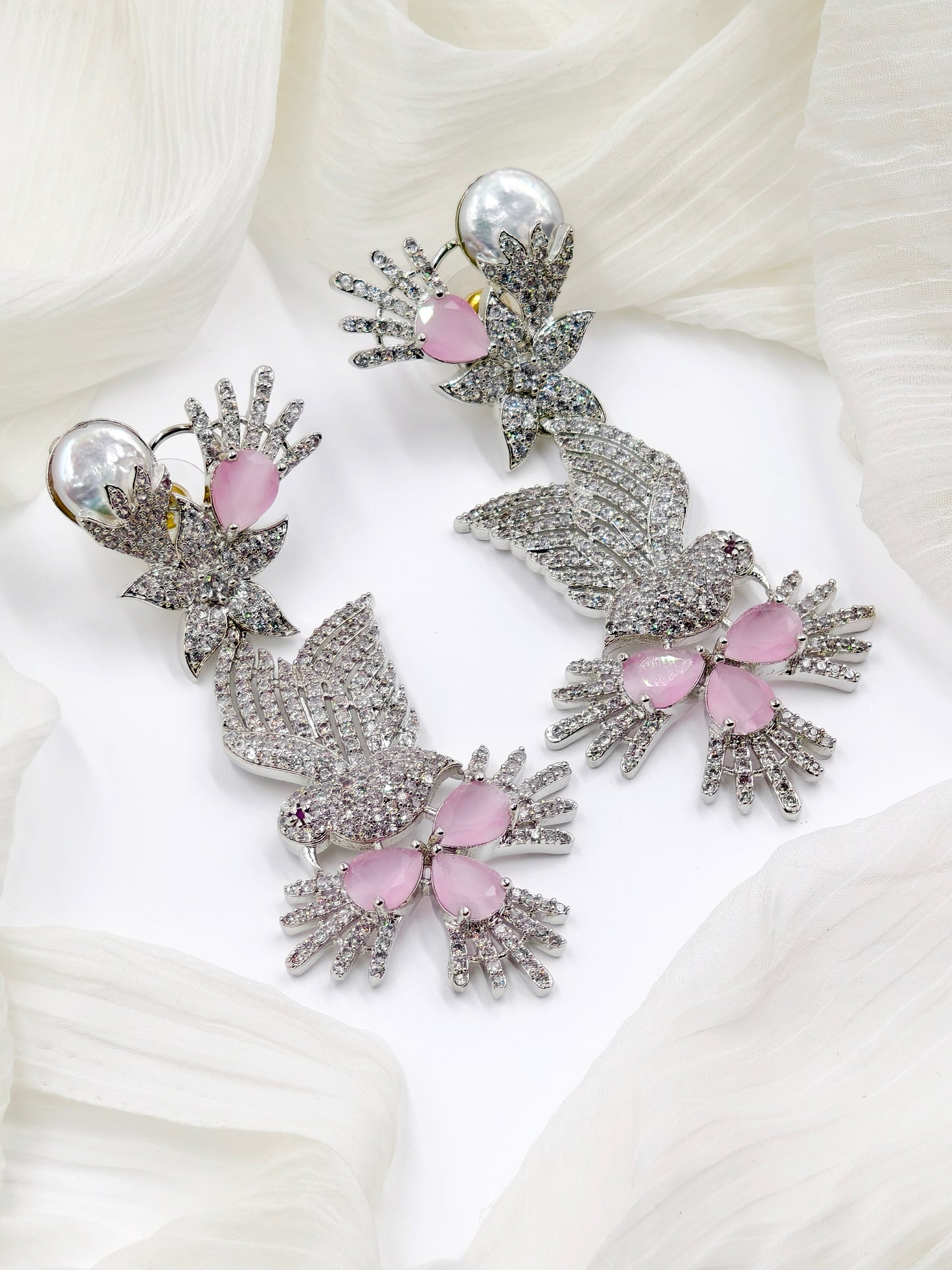 Pastel Pink and White Stone American Diamond Earrings