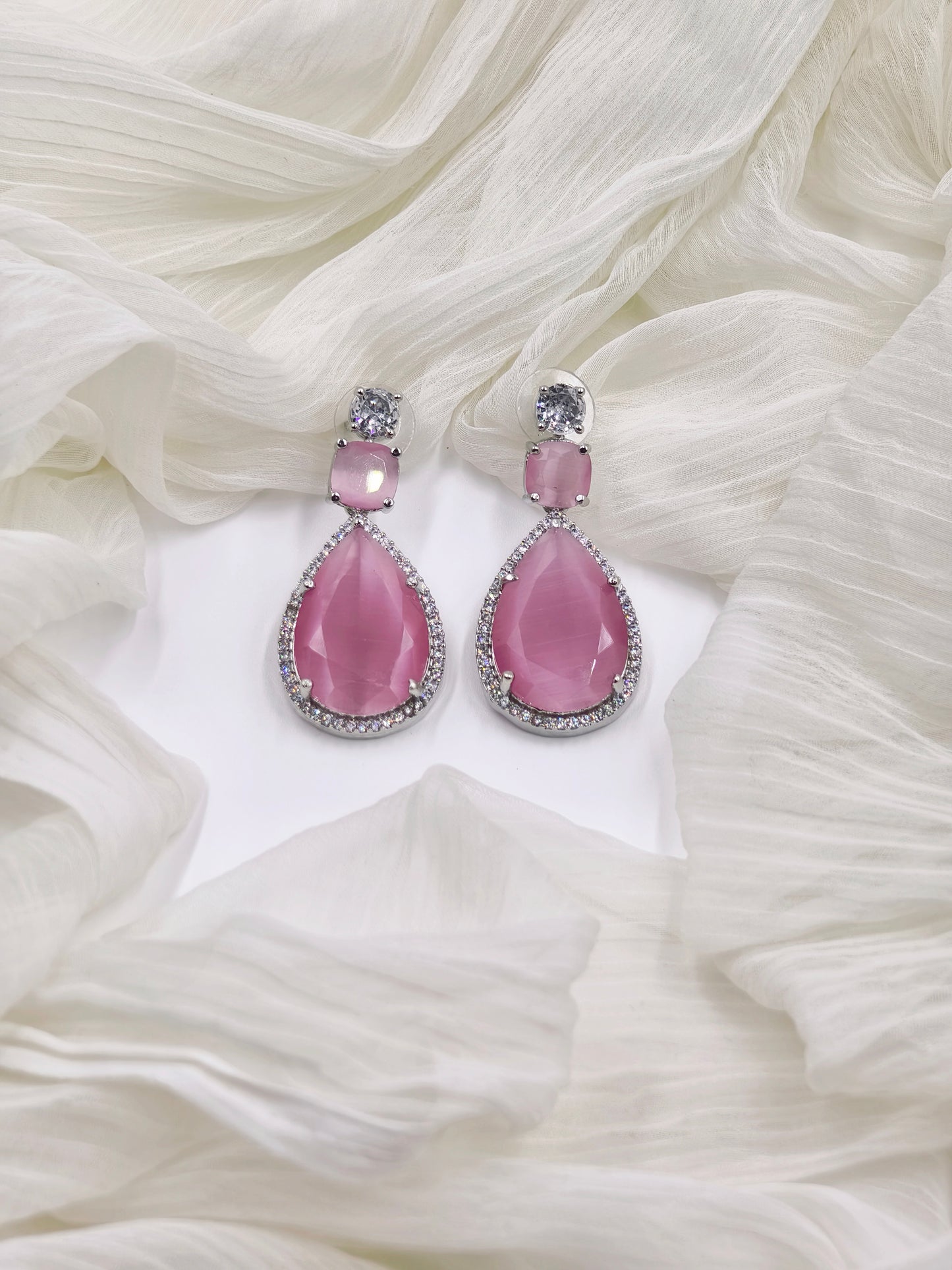 Pastel Pink and White Stone American Diamond Earrings
