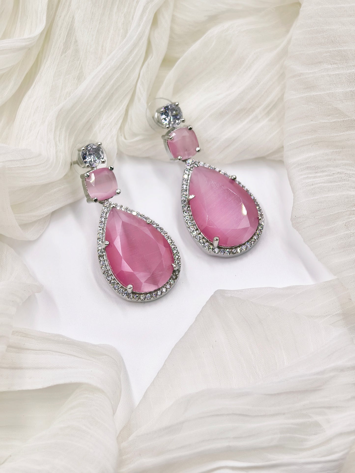 Pastel Pink and White Stone American Diamond Earrings