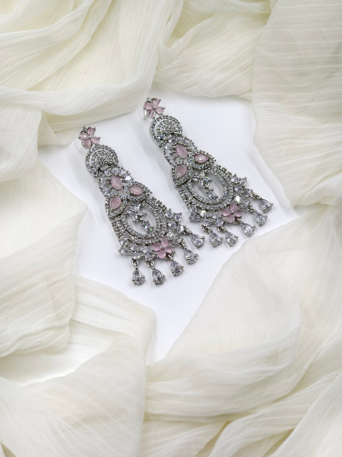 Pastel Pink and White Stone American Diamond Earrings
