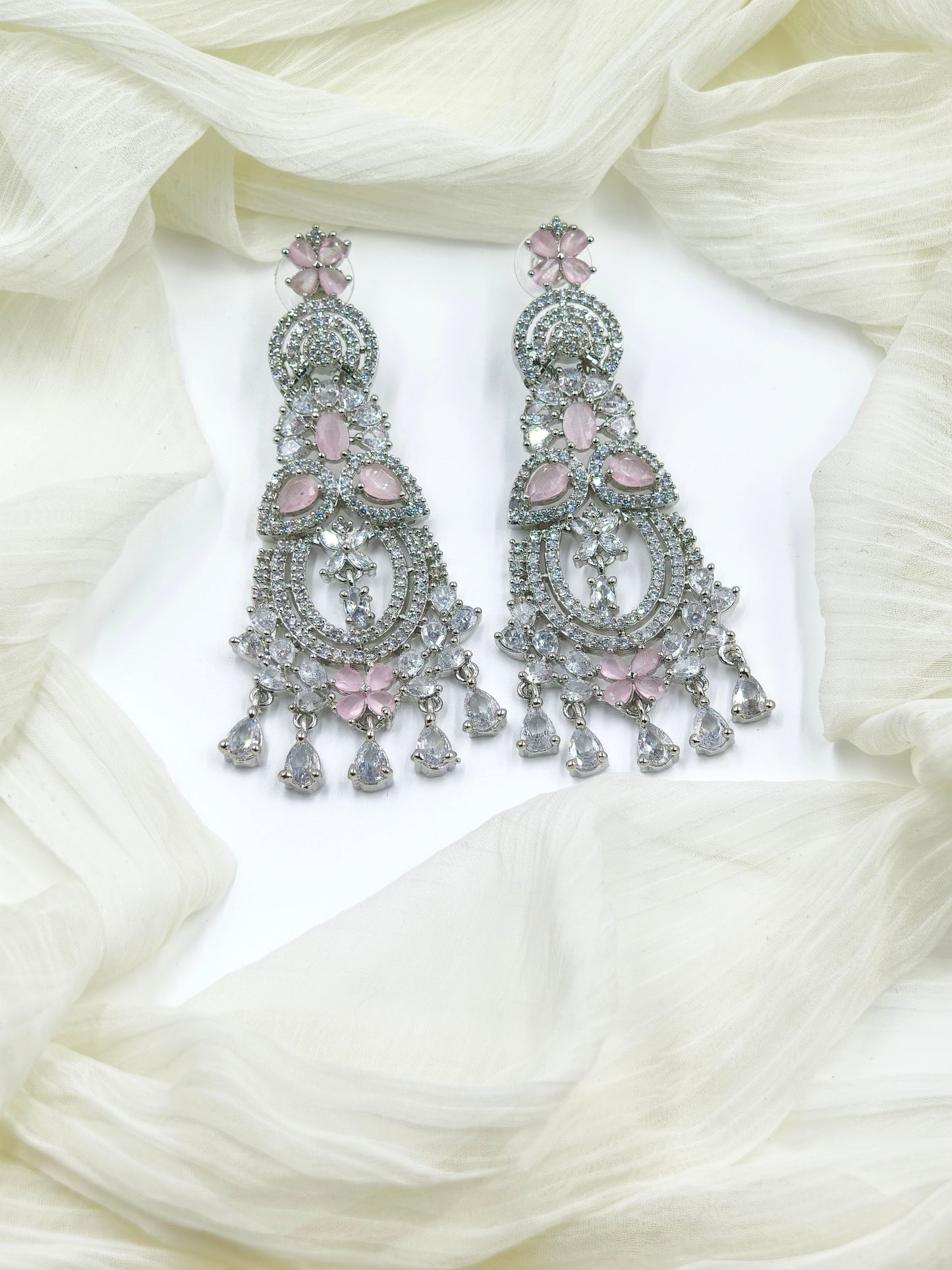 Pastel Pink and White Stone American Diamond Earrings