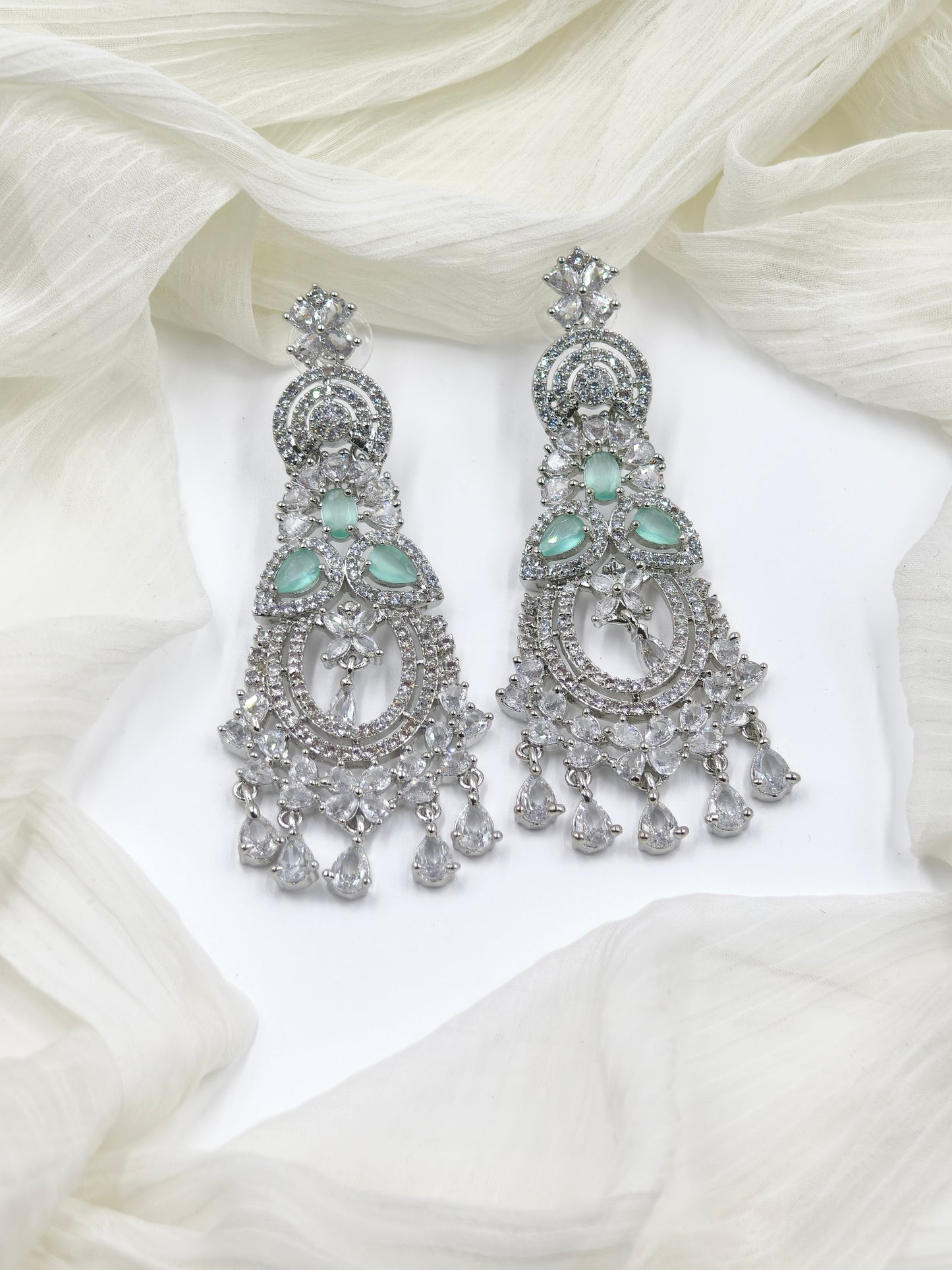 Pastel Green and White Stone American Diamond Earrings