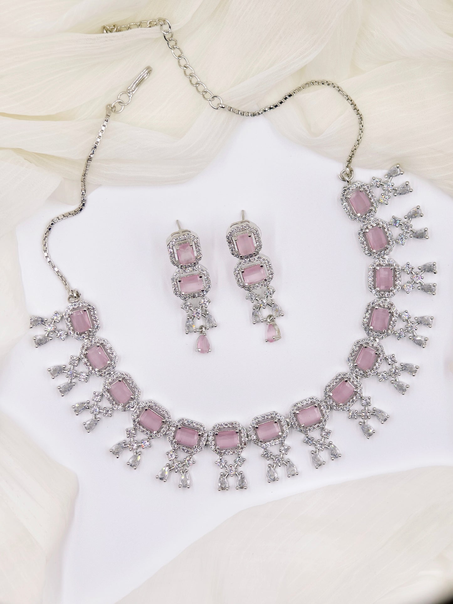 Pastel Pink Stone American Diamond Necklace Set
