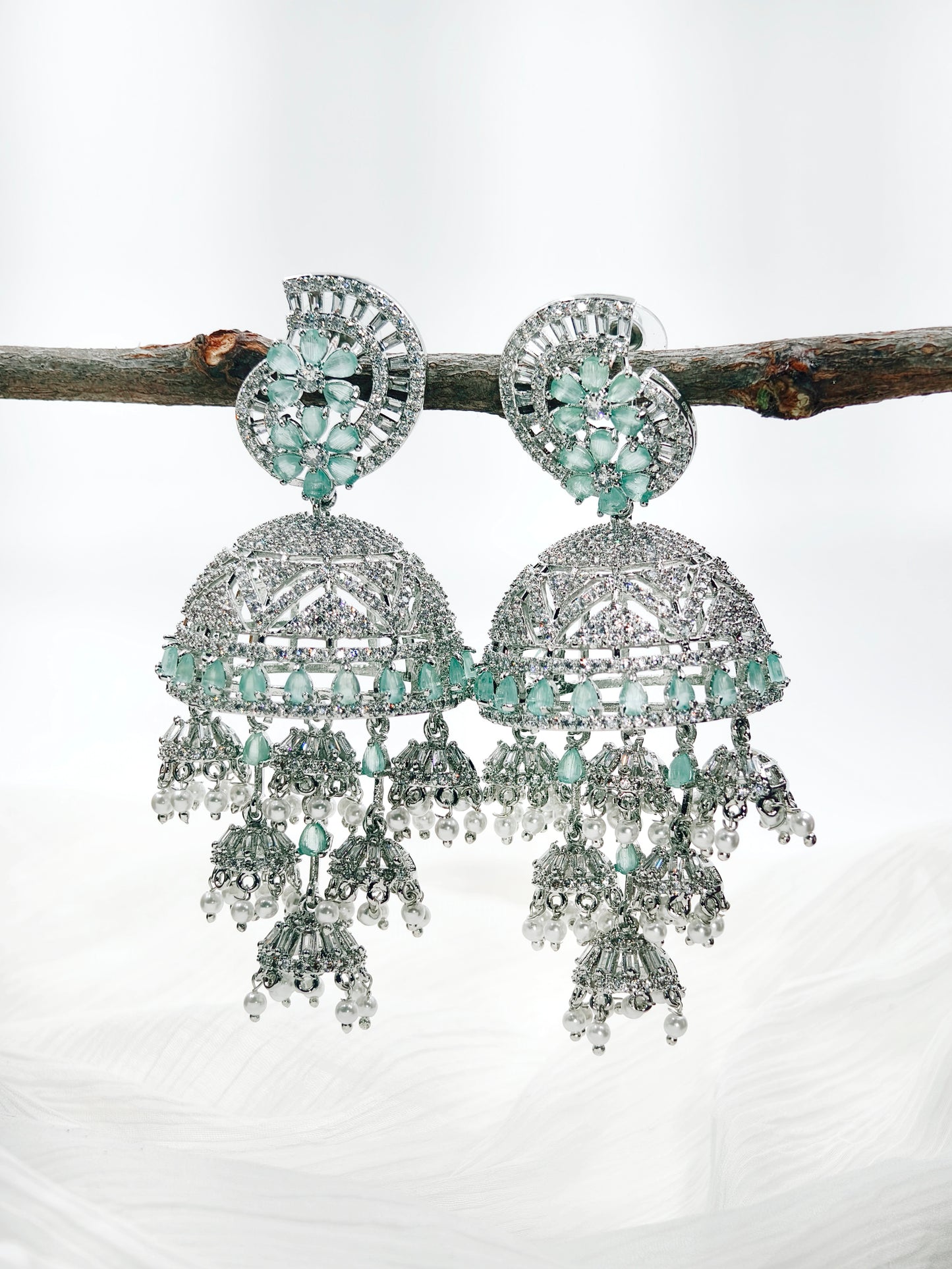 Pastel Green & White Stone American Diamond Earrings