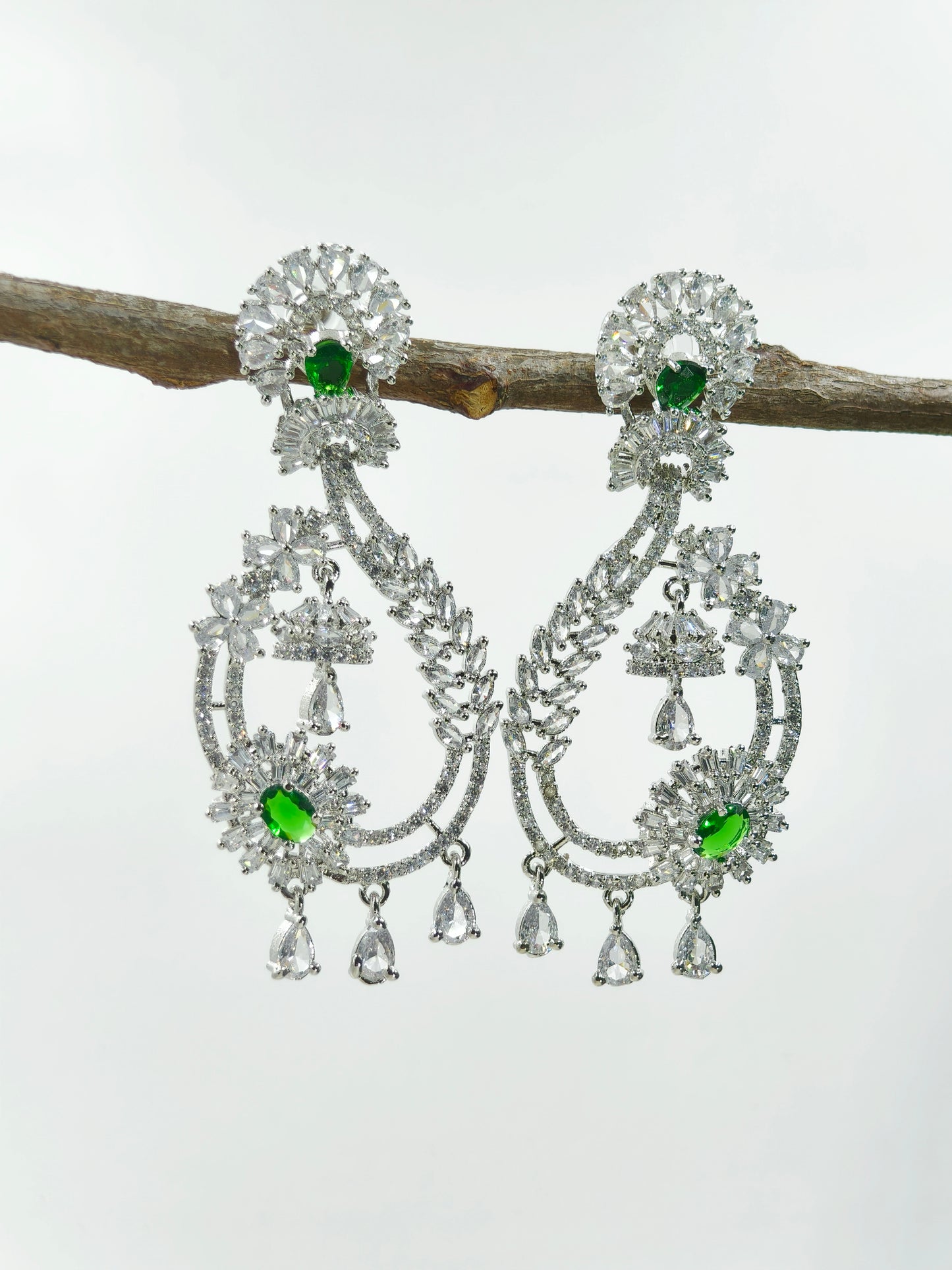 Green and White Stone American Diamond Earrings