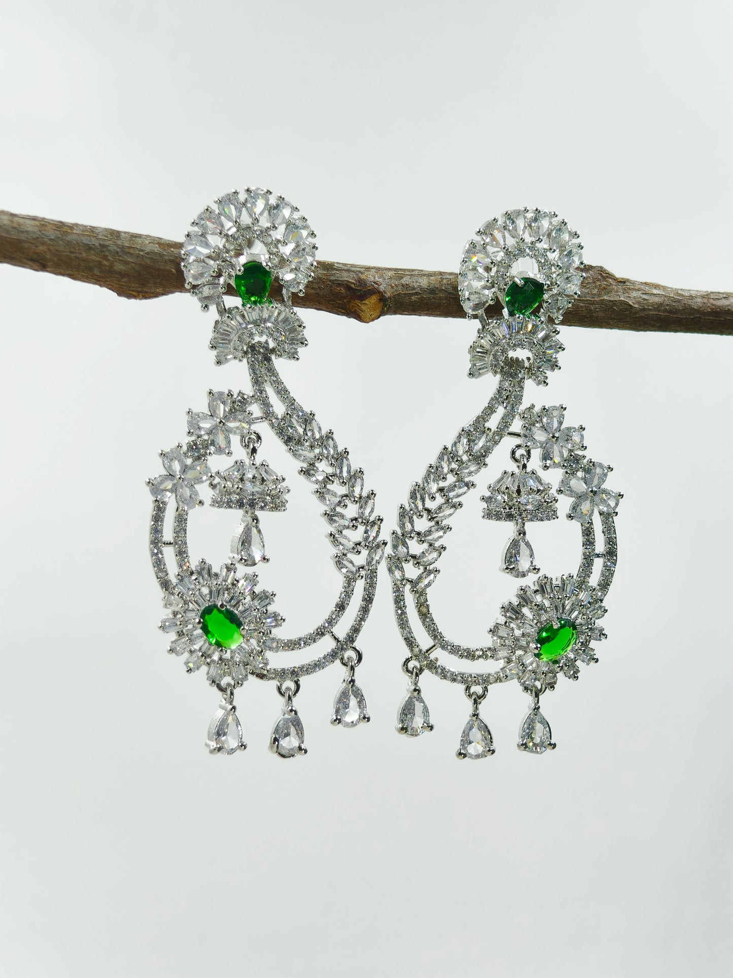 Green and White Stone American Diamond Earrings