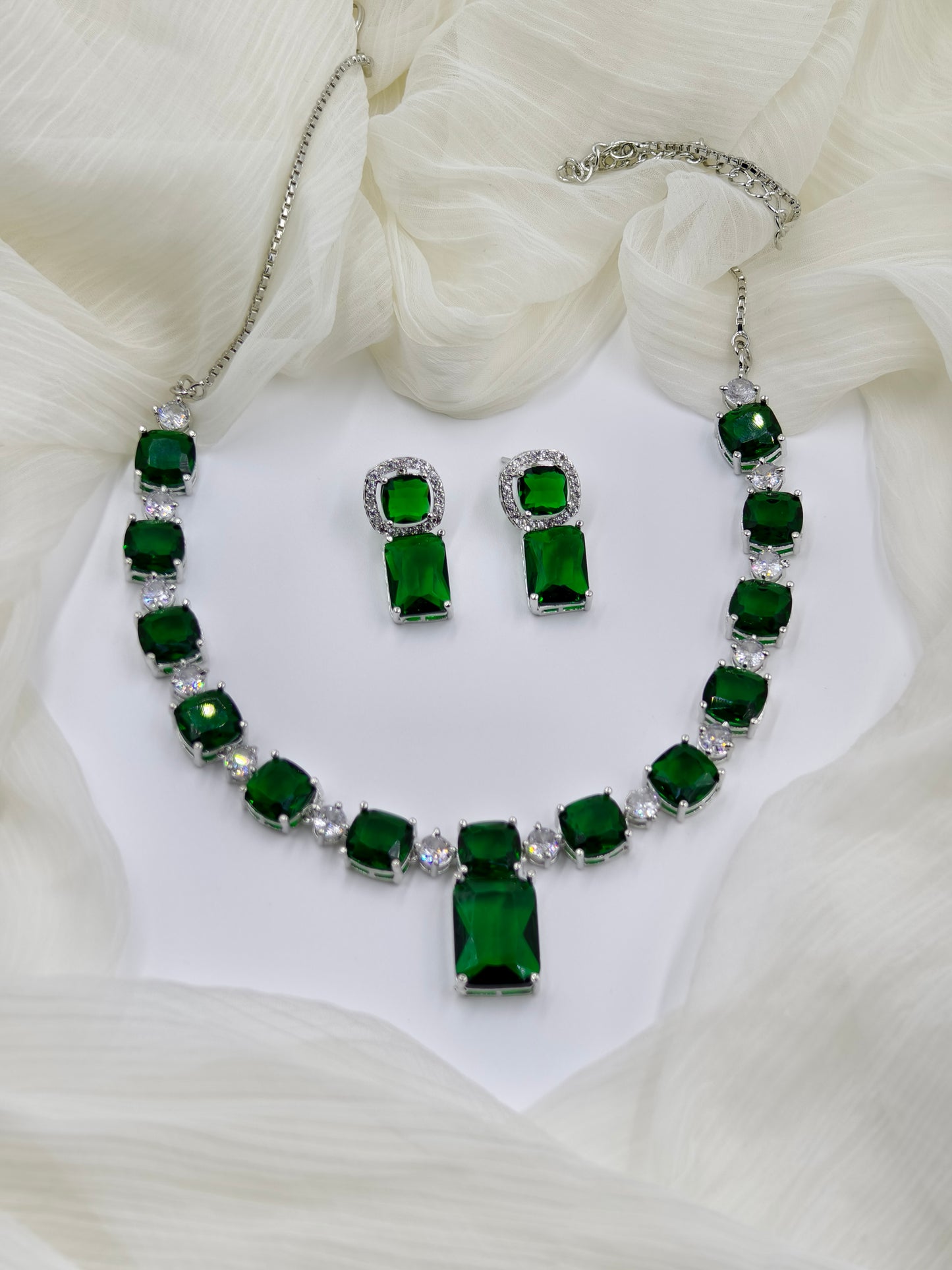 Green Stone American Diamond Necklace Set