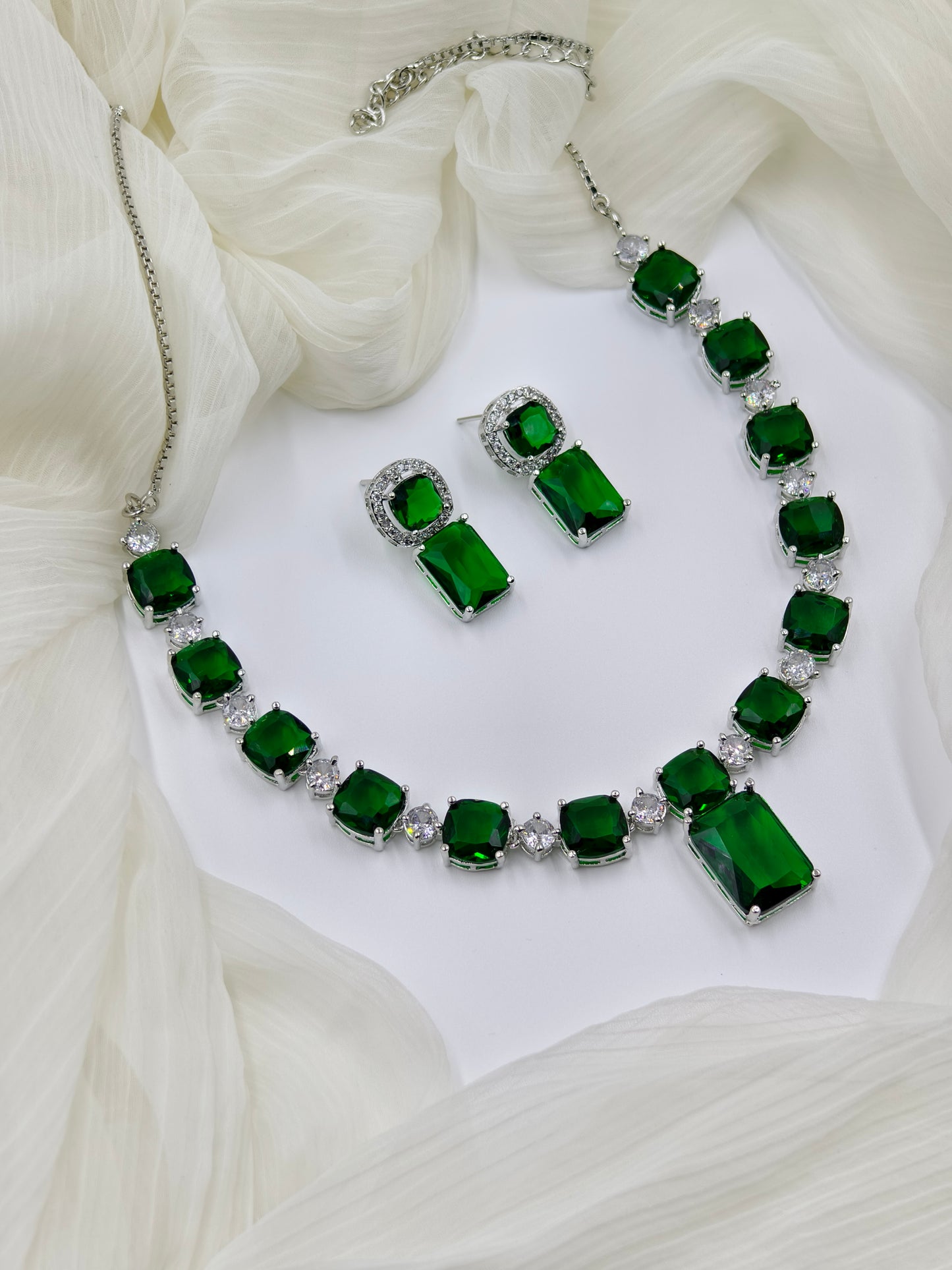 Green Stone American Diamond Necklace Set