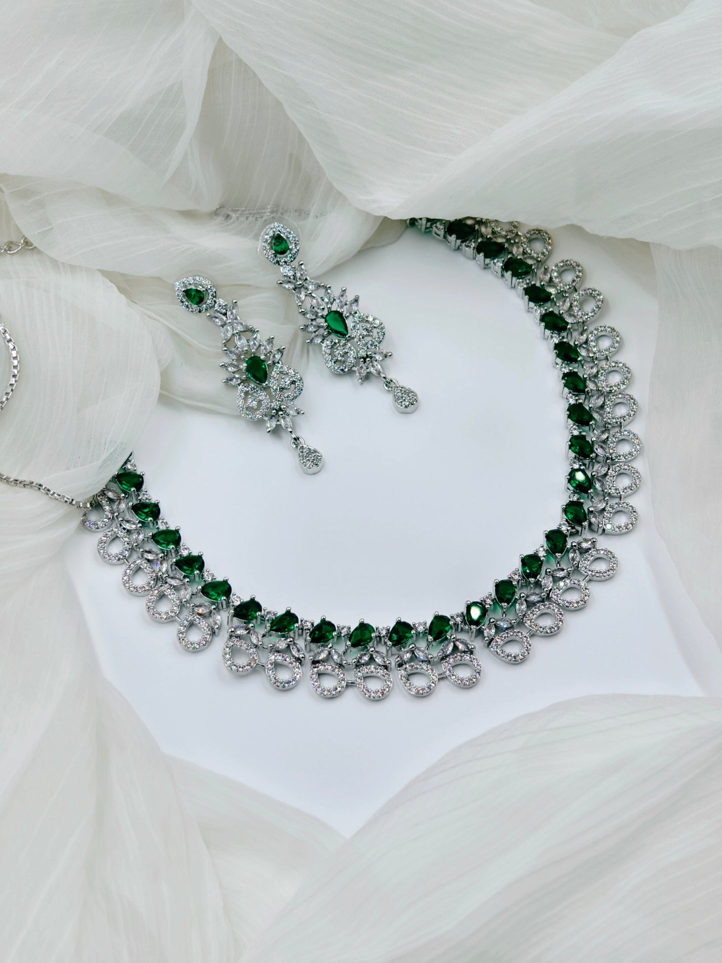 Green Stone American Diamond Necklace Set