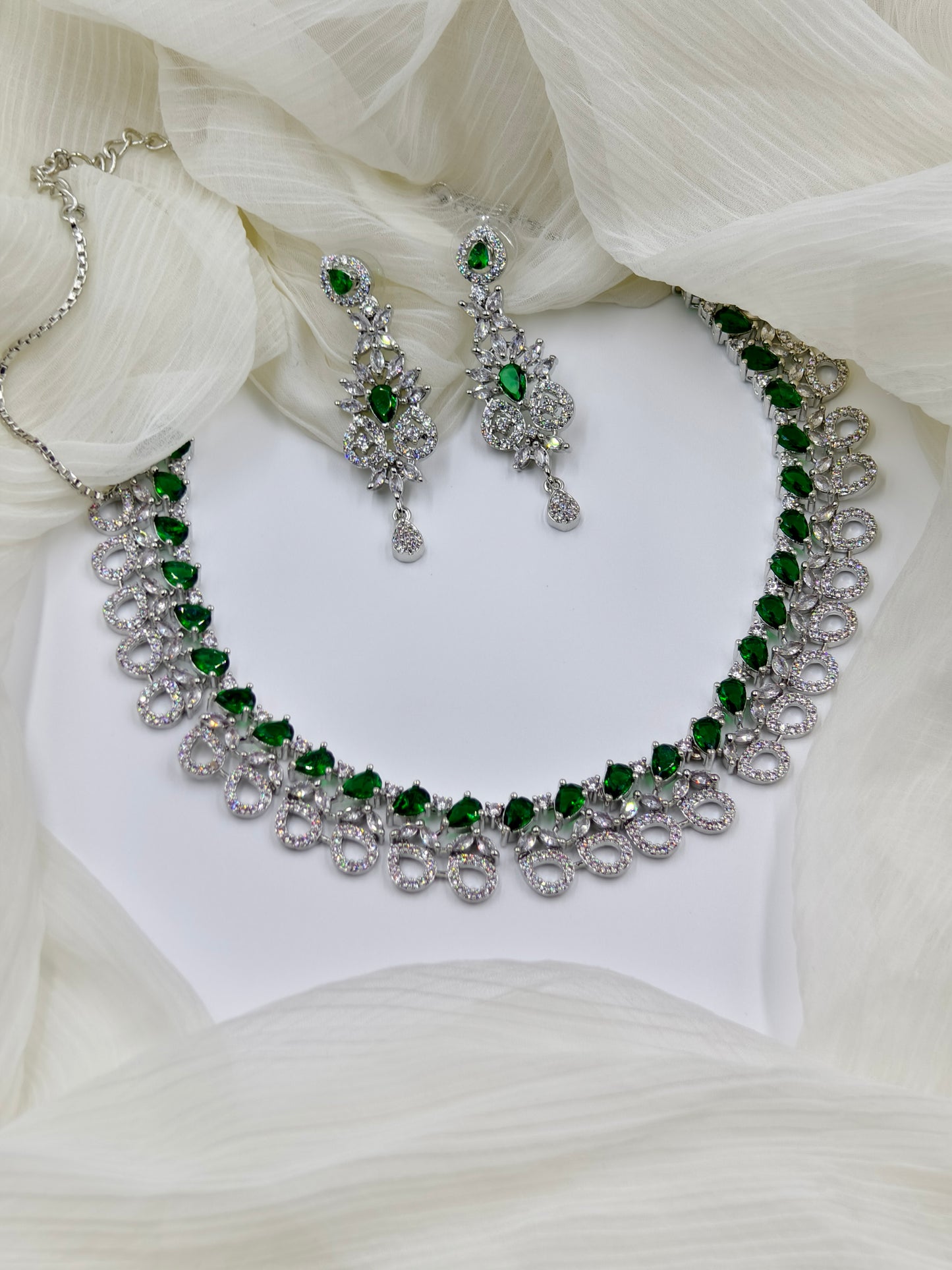 Green Stone American Diamond Necklace Set