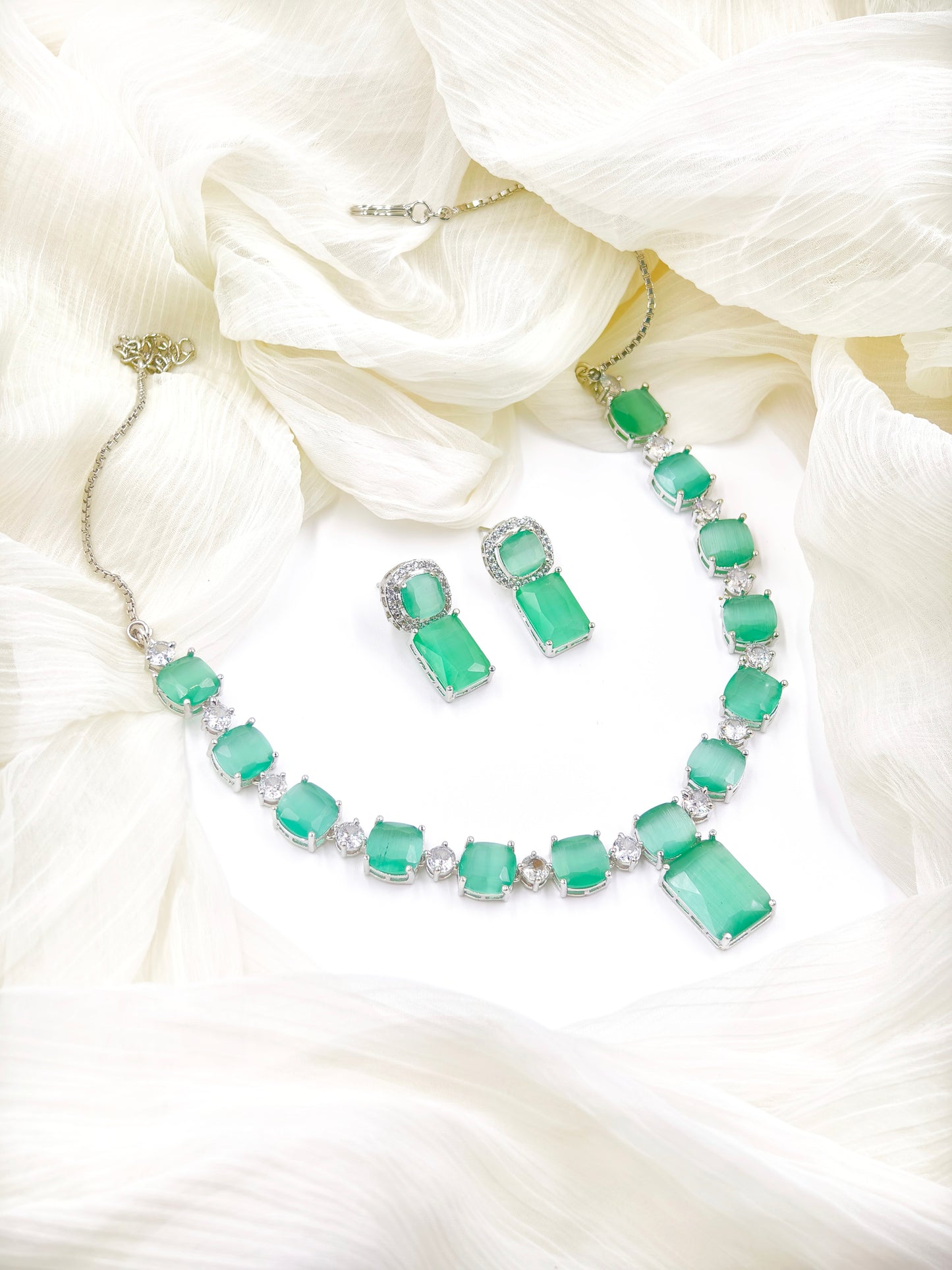 Pastel Green Stone American Diamond Necklace Set