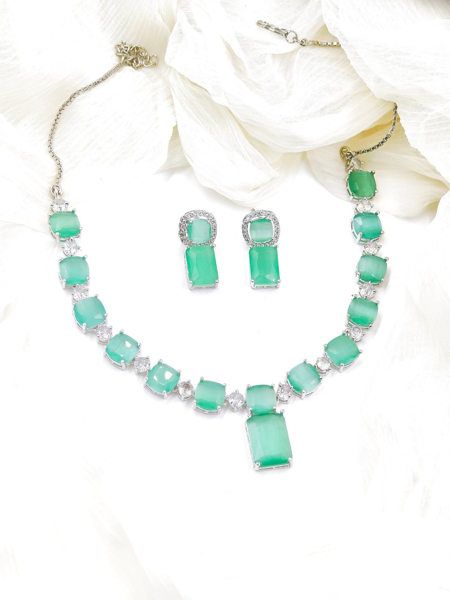 Pastel Green Stone American Diamond Necklace Set