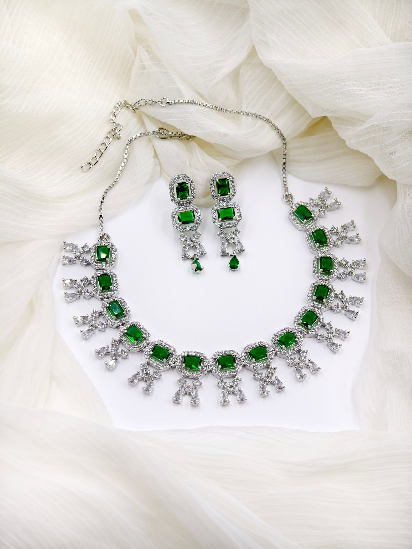 Green Stone American Diamond Necklace Set