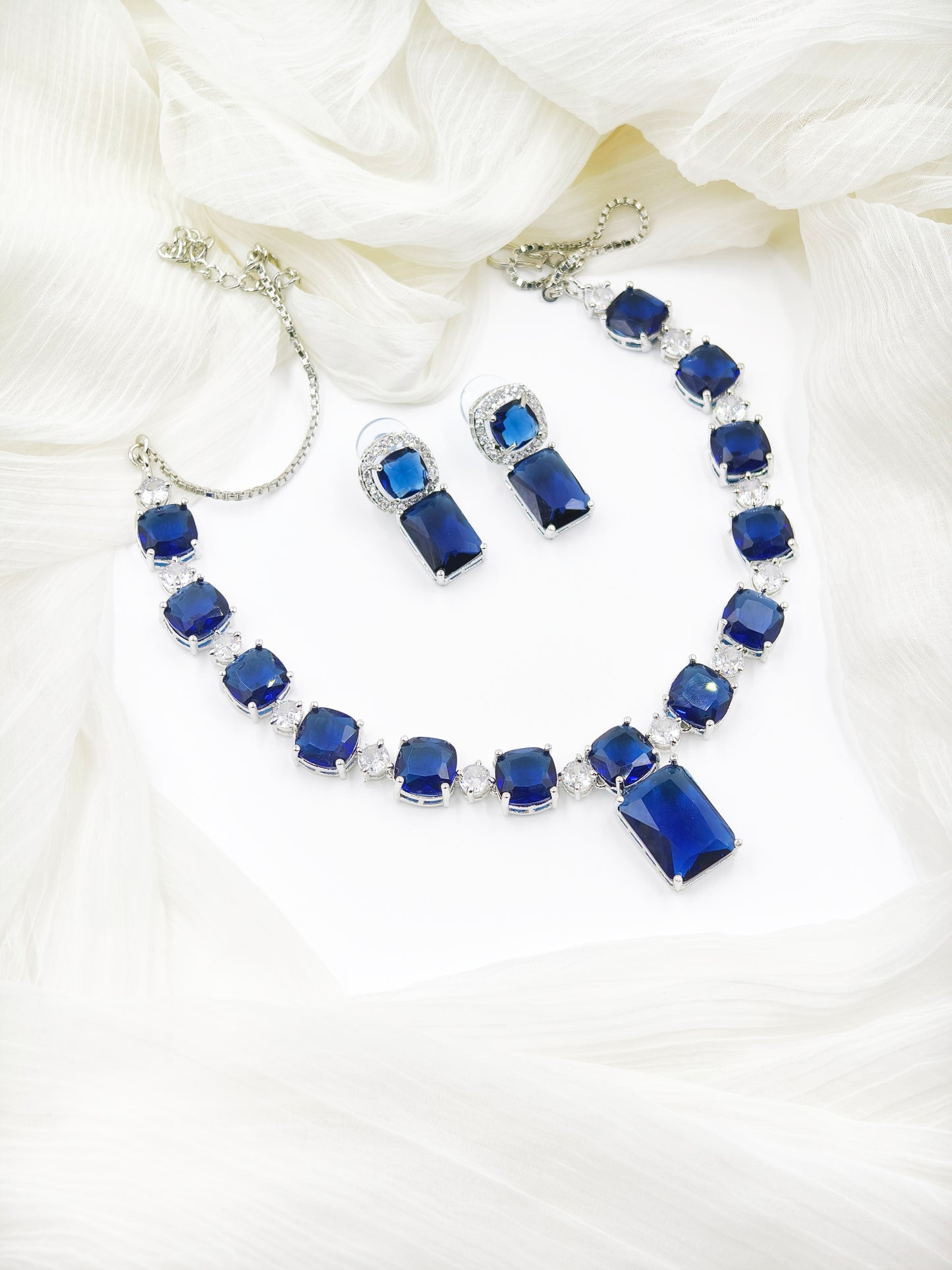 Blue Stone American Diamond Necklace Set