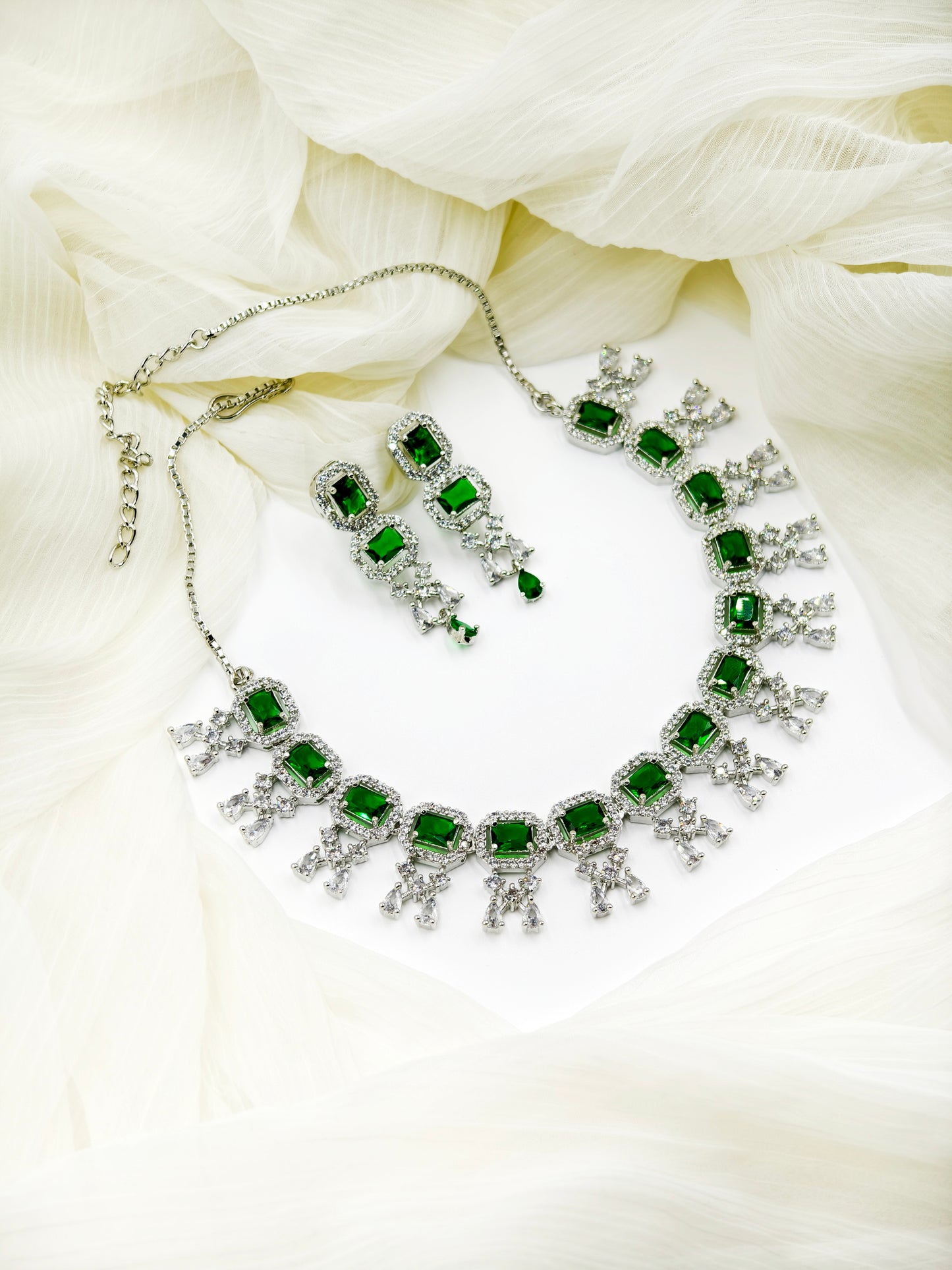 Green Stone American Diamond Necklace Set