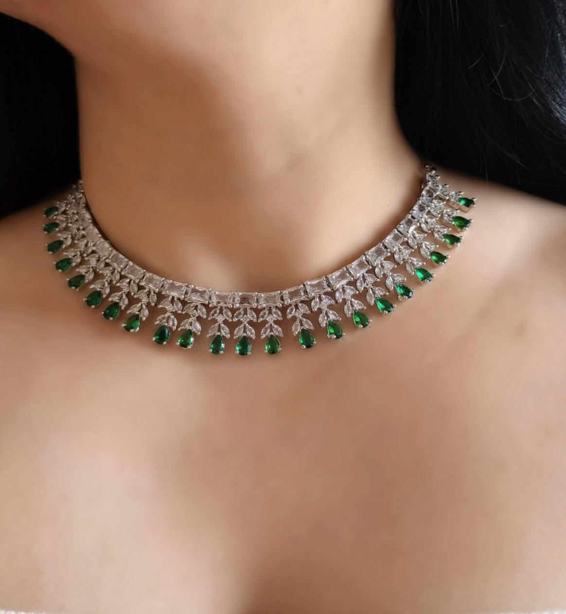 Green Stone American Diamond Necklace
