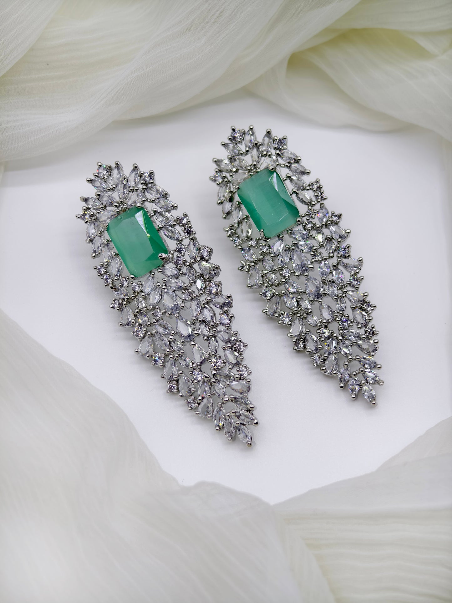 Pastel Green & White Stone American Diamond Earrings