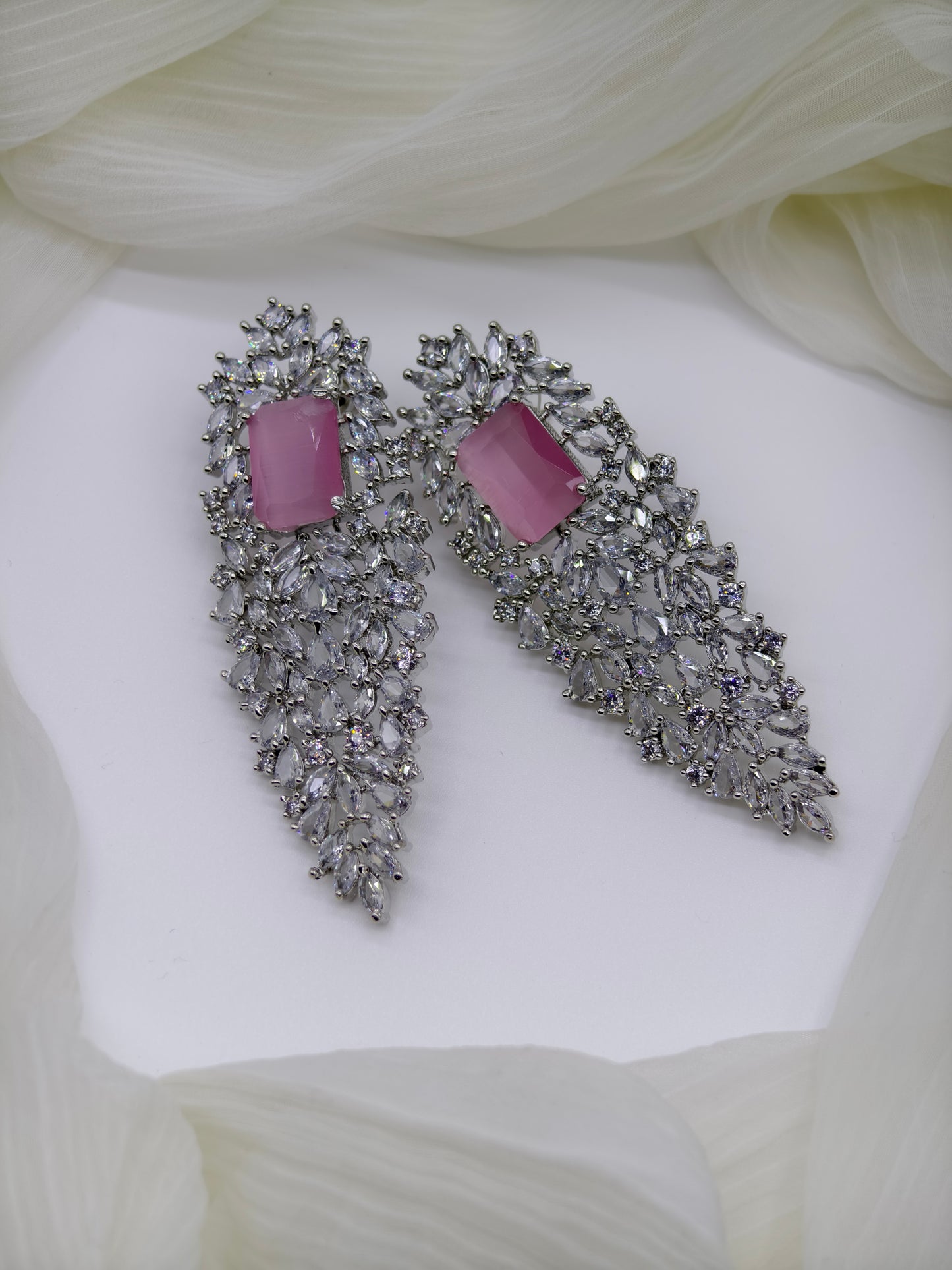 Pastel Pink & White Stone American Diamond Earrings