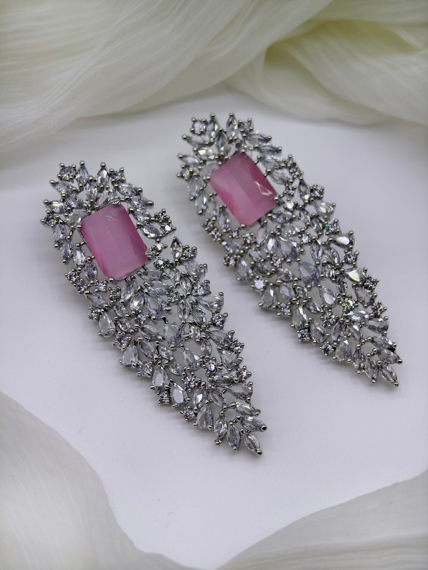 Pastel Pink & White Stone American Diamond Earrings