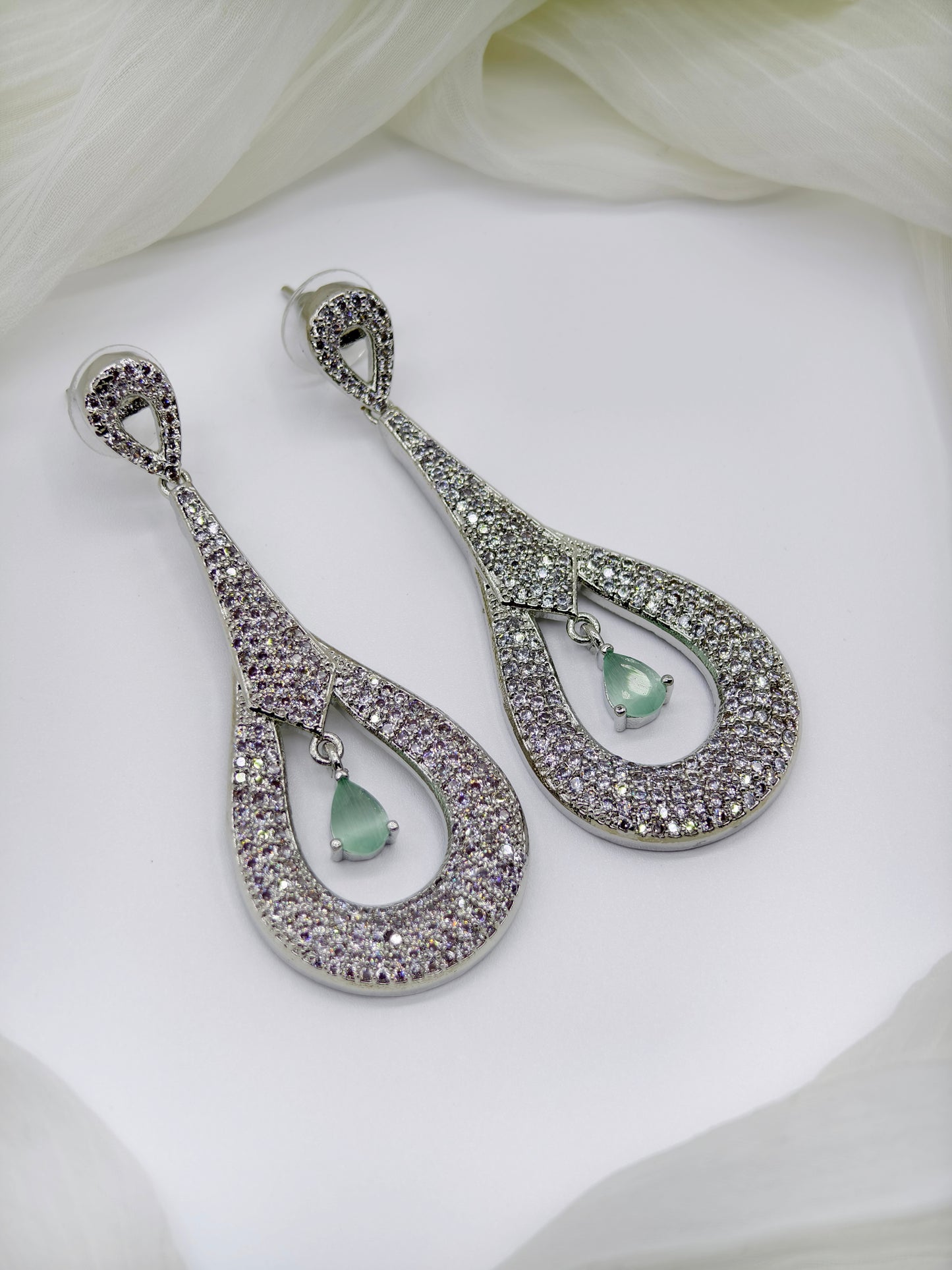 Pastel Green & White Stone American Diamond Earrings