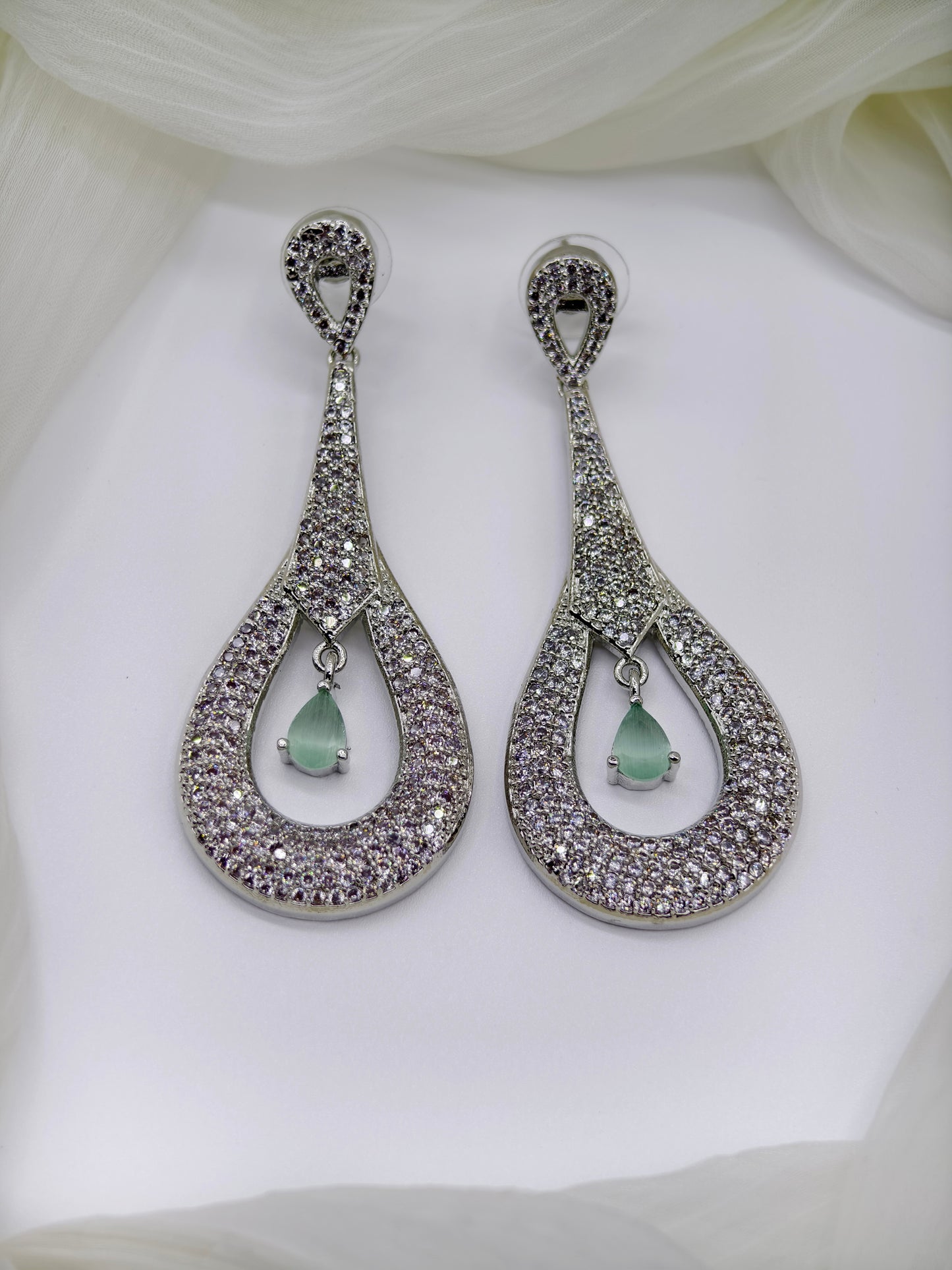 Pastel Green & White Stone American Diamond Earrings