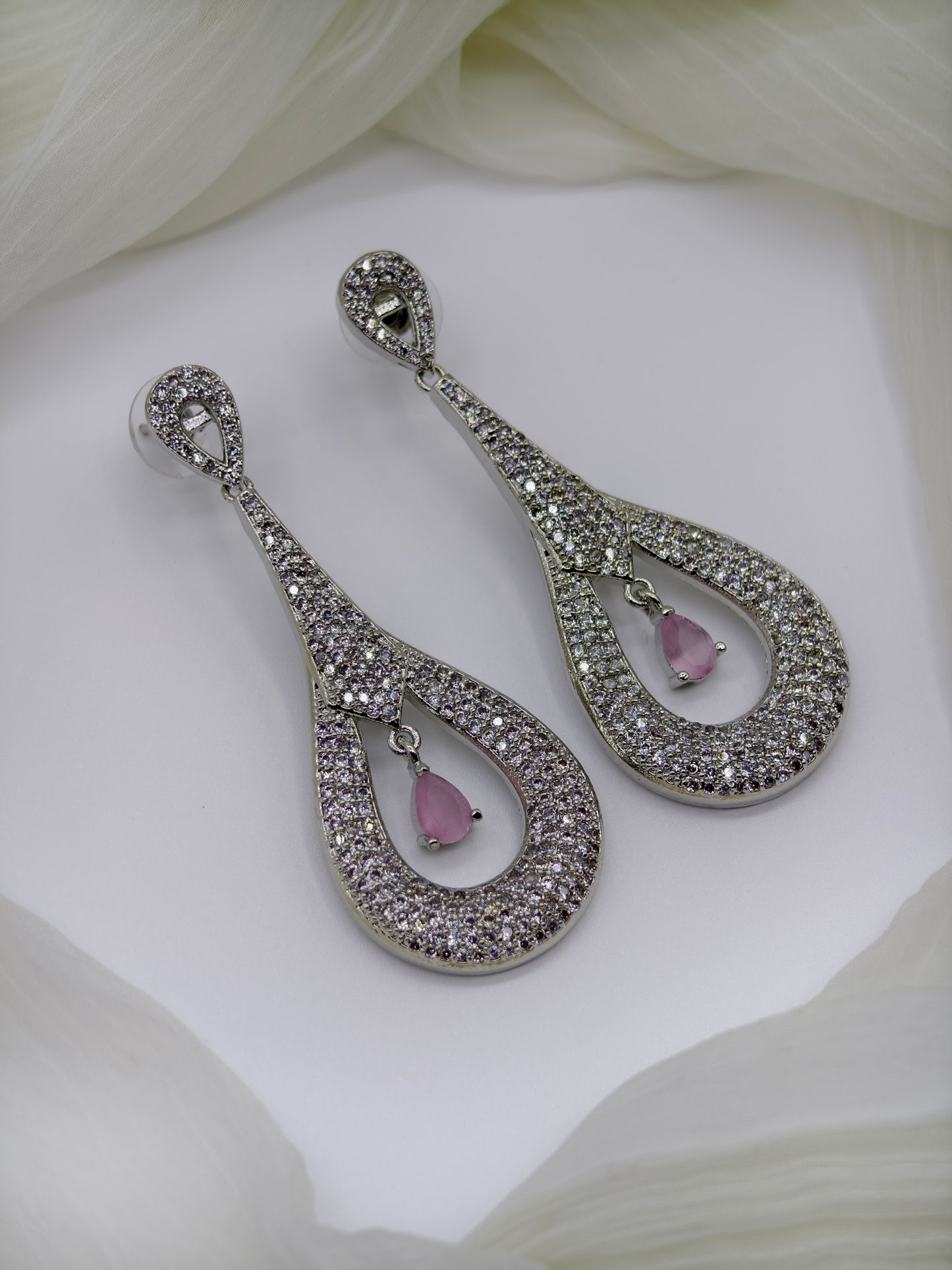 Pastel Pink & White Stone American Diamond Earrings