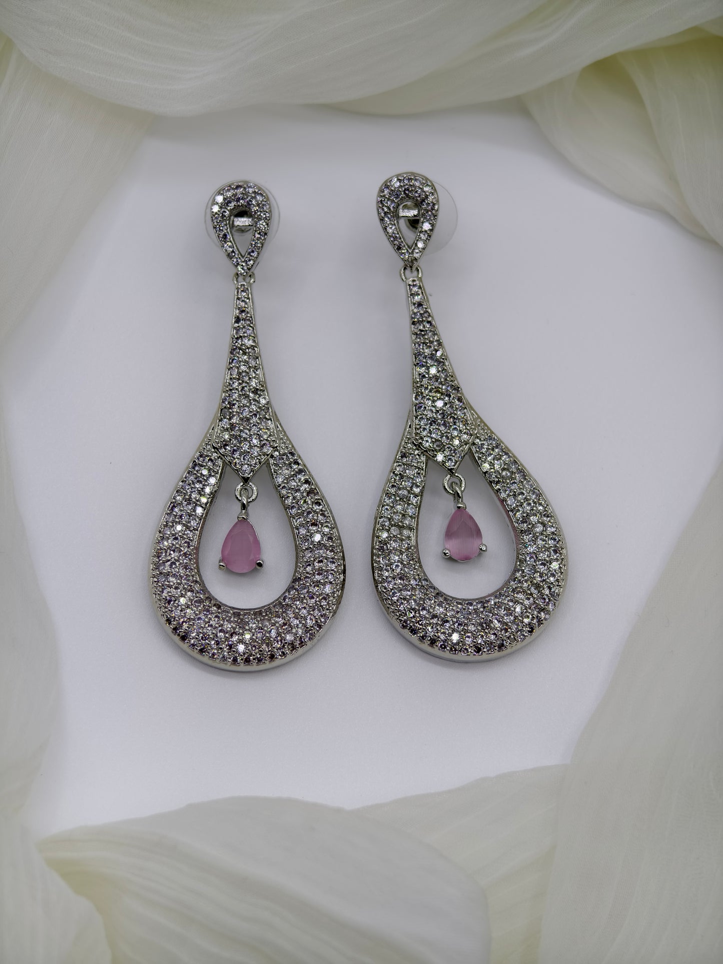 Pastel Pink & White Stone American Diamond Earrings