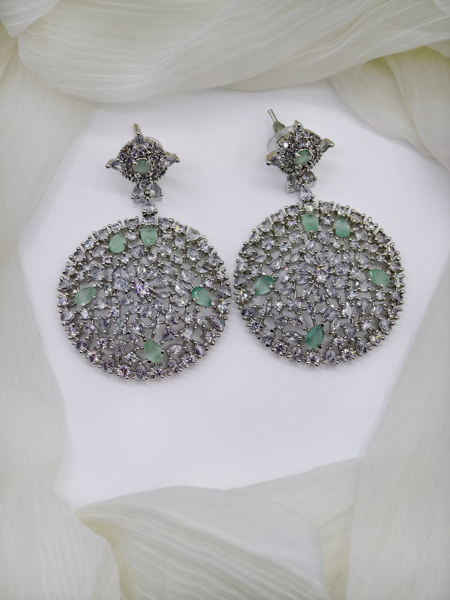 Pastel Green & White Stone American Diamond Earrings