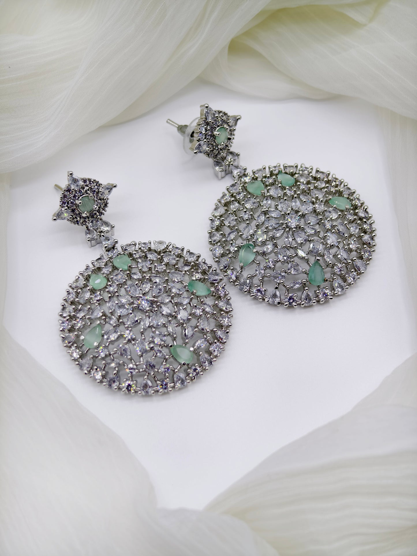 Pastel Green & White Stone American Diamond Earrings